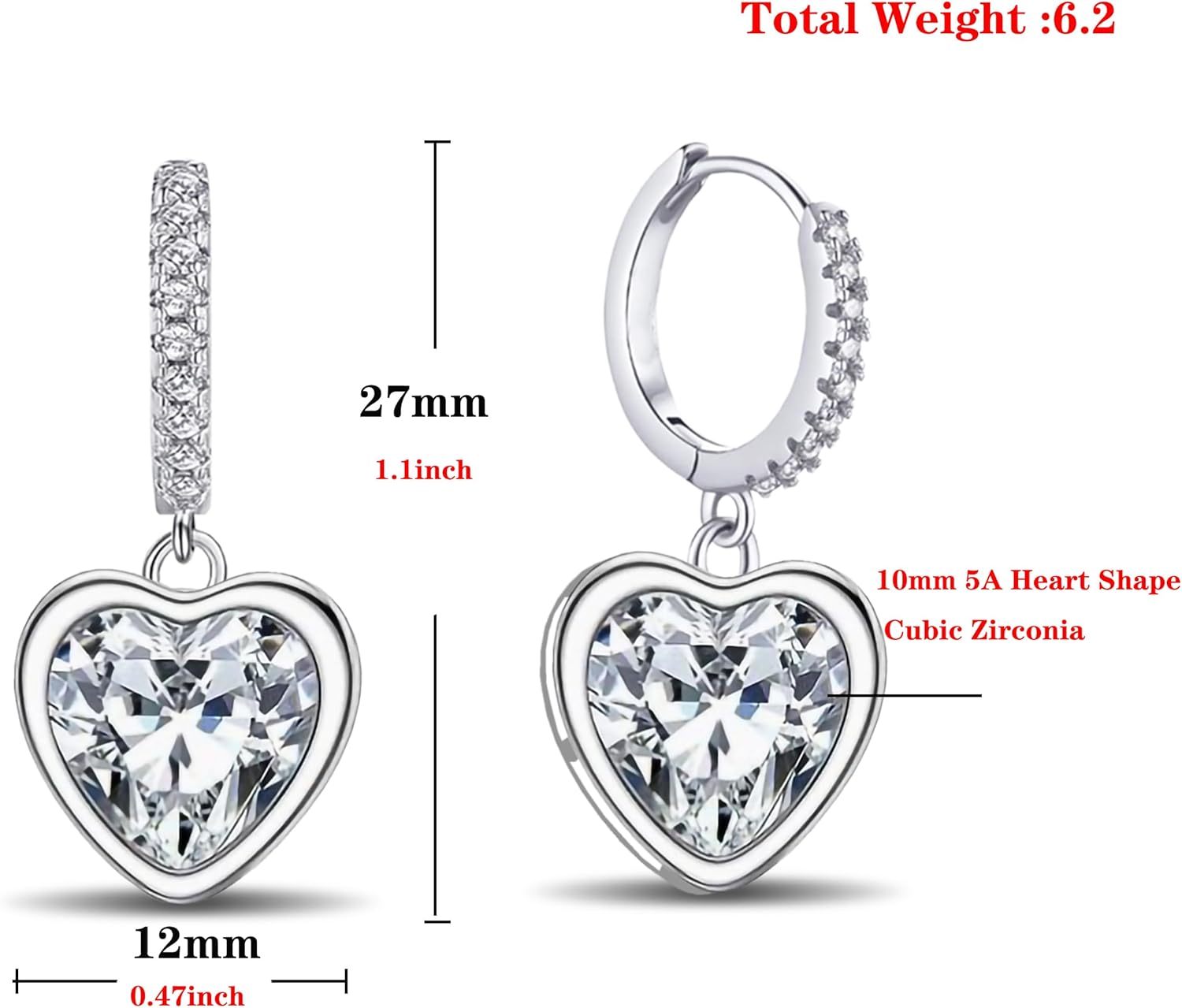 Heart Shaped Dangle Earrings for Women, 14K White Gold Plated Hoop Earrings with Sparkling Cubic Zirconia, Elegant Drop Earrings for Daily Wear - Image 5