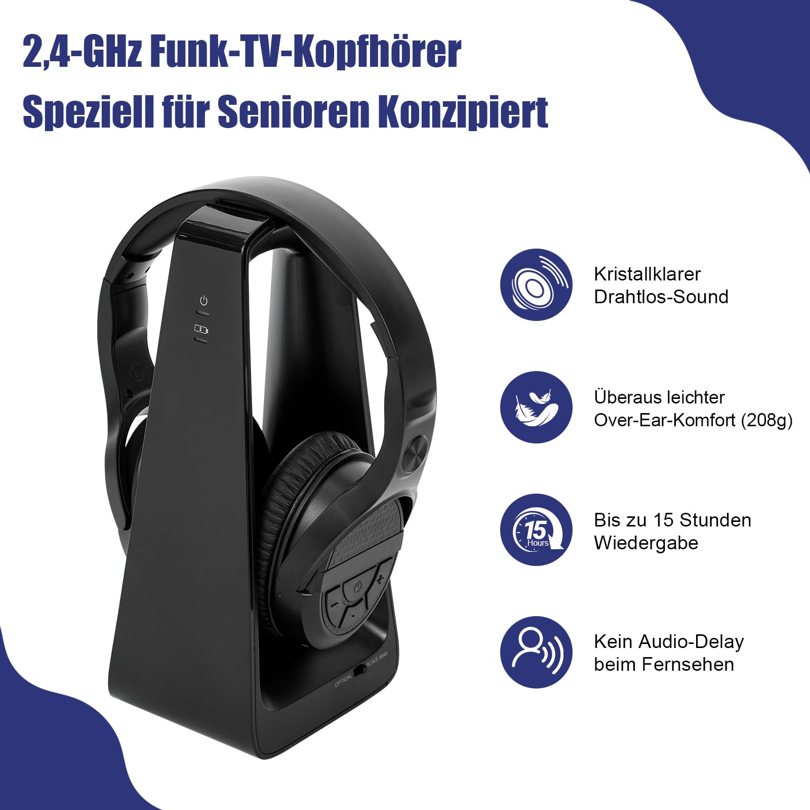 Kabellose TV-Kopfhörer für Senioren mit Großen Tasten, 2,4G Sender-Ladestation, Unterstützung Optischen/RCA/AUX-Ausgang Bluetooth-Over-Ear-Kopfhörer mit 3EQ-Modi, 30m Reichweite keine Audioverzögerung