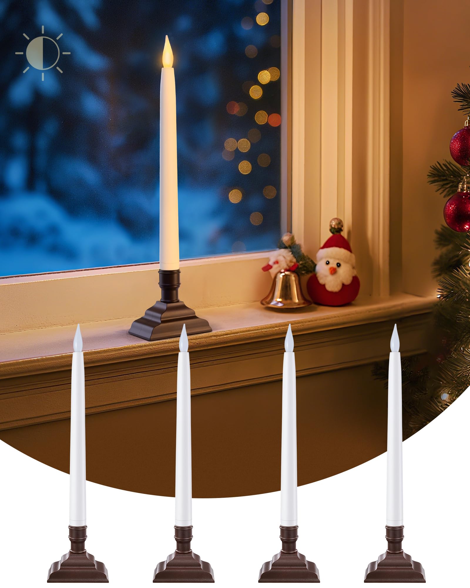 SURAIELEC 10.5'' Battery Window Candles, Dusk-to-Dawn Taper Candle, 3000K Warm White, Flameless LED Candles for Xmas Window, Mantel, Table, Matt Brown, 4 Pack (Rechargeable Batteries Not Compatible)