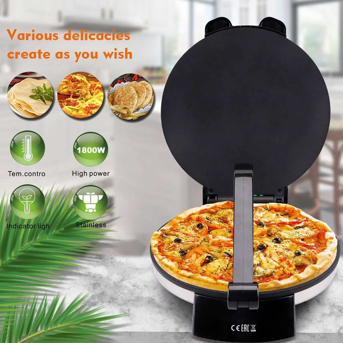 Elektryczne urządzenie do pieczenia Roti,naleśnikarka o mocy 1800W,maszyna do robienia tortilli Roti Press,10-calowa nieprzywierająca maszyna do chapati, maszyna do naleśników z regulowaną temperaturą