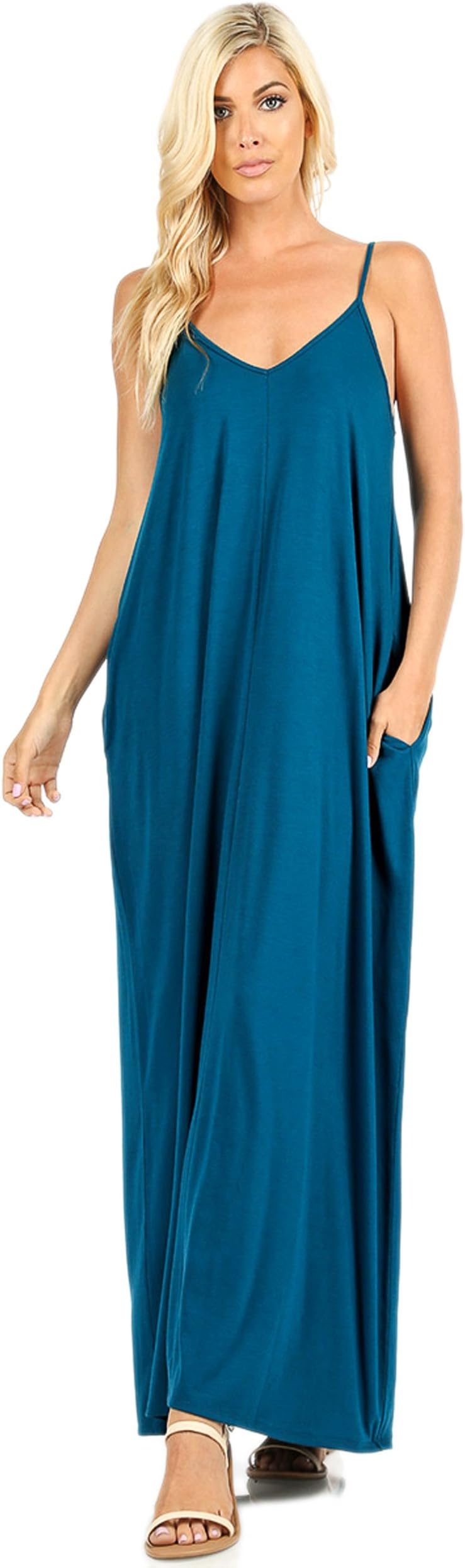Women's Summer Casual Solid Side Pockets Loose Beach Cami Maxi Dresses 24_Teal 1X