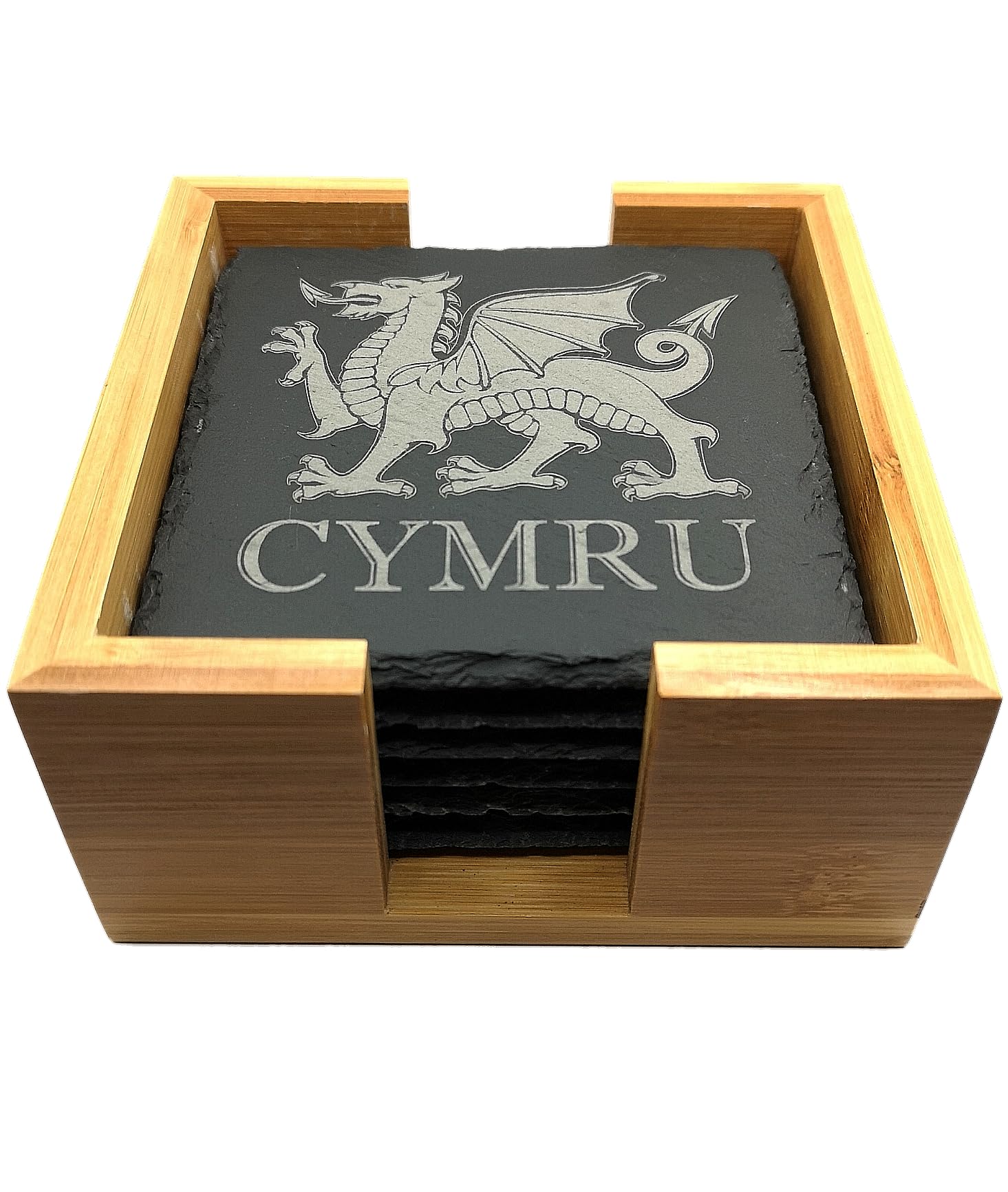 Set of 6 CYMRU Wales Welsh Dragon Rustic Slate Coasters with Bamboo Presentation Box