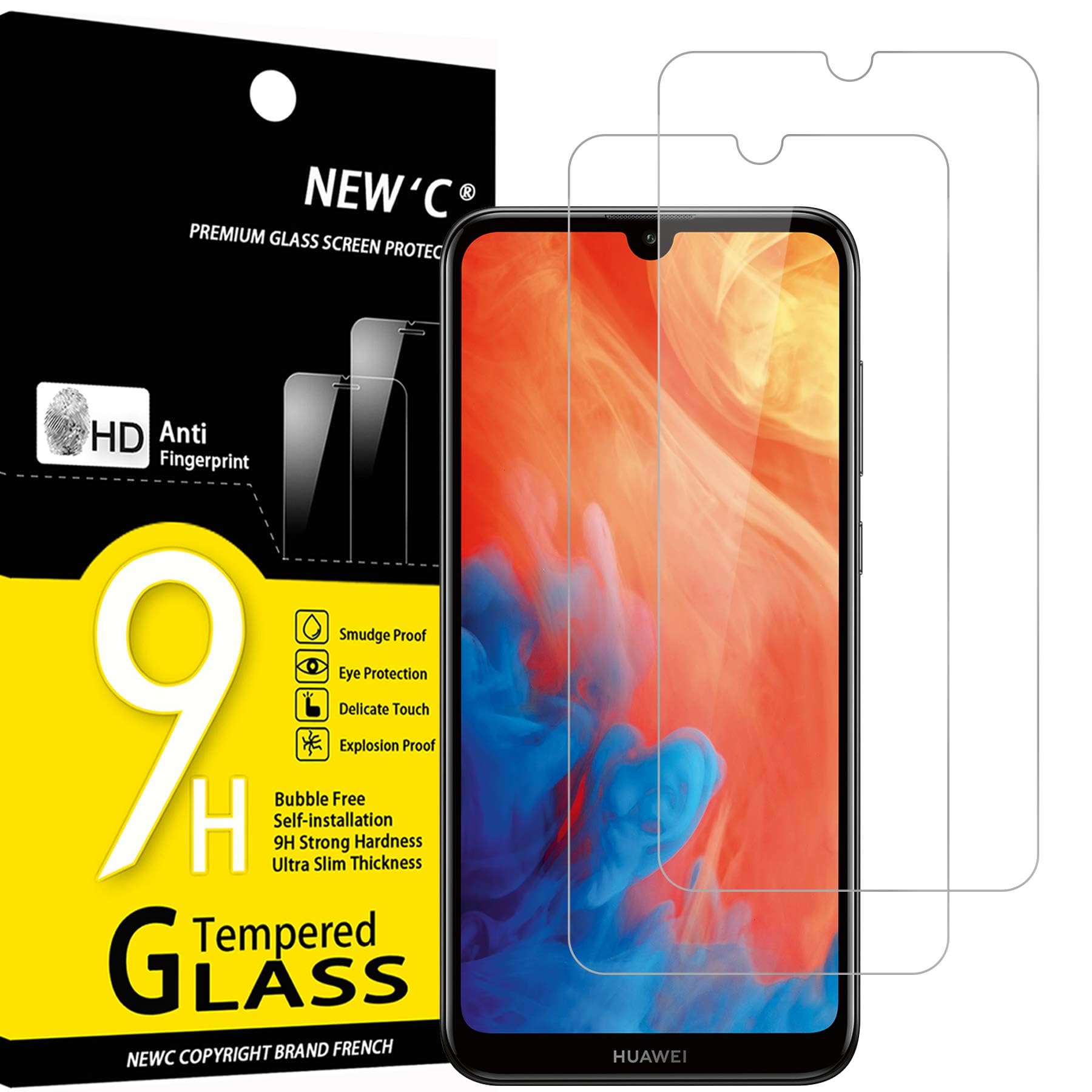 Vetro Temperato NEW'C Per Huawei Y7 Prime 2018: 2 Pezzi, Anti Graffio 9H, Trasparente