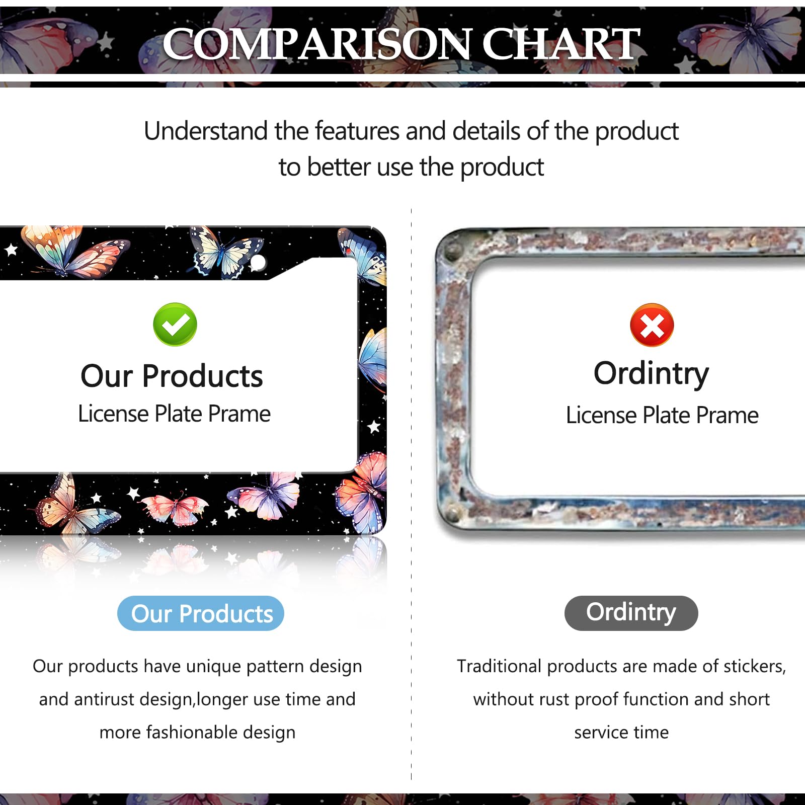 Colorful Butterfly License Plate Frames – 2 Pack, Stainless Steel, Rust-Proof, Fits Standard 12"x6" US Plates, Decorative Car Accessory - View #14