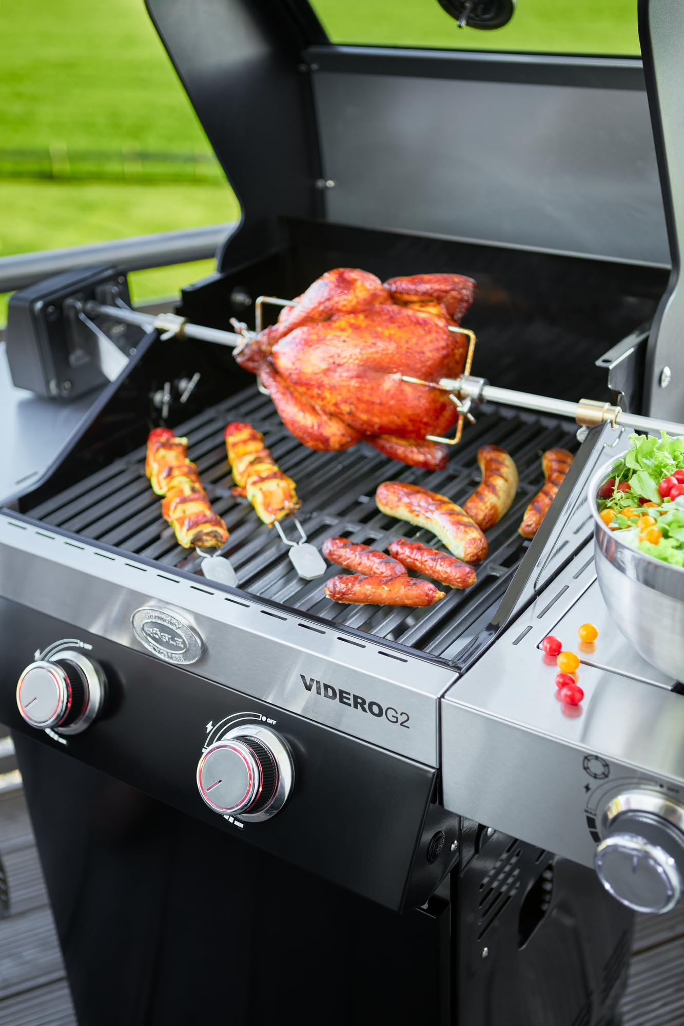 RÖSLE ALLFLAME Broche à rôtir pour barbecue en acier inoxydable, brochette 6 pans, jusqu'à 10 kg, moteur électrique avec bloc d'alimentation, 3 tr/min, argenté/noir