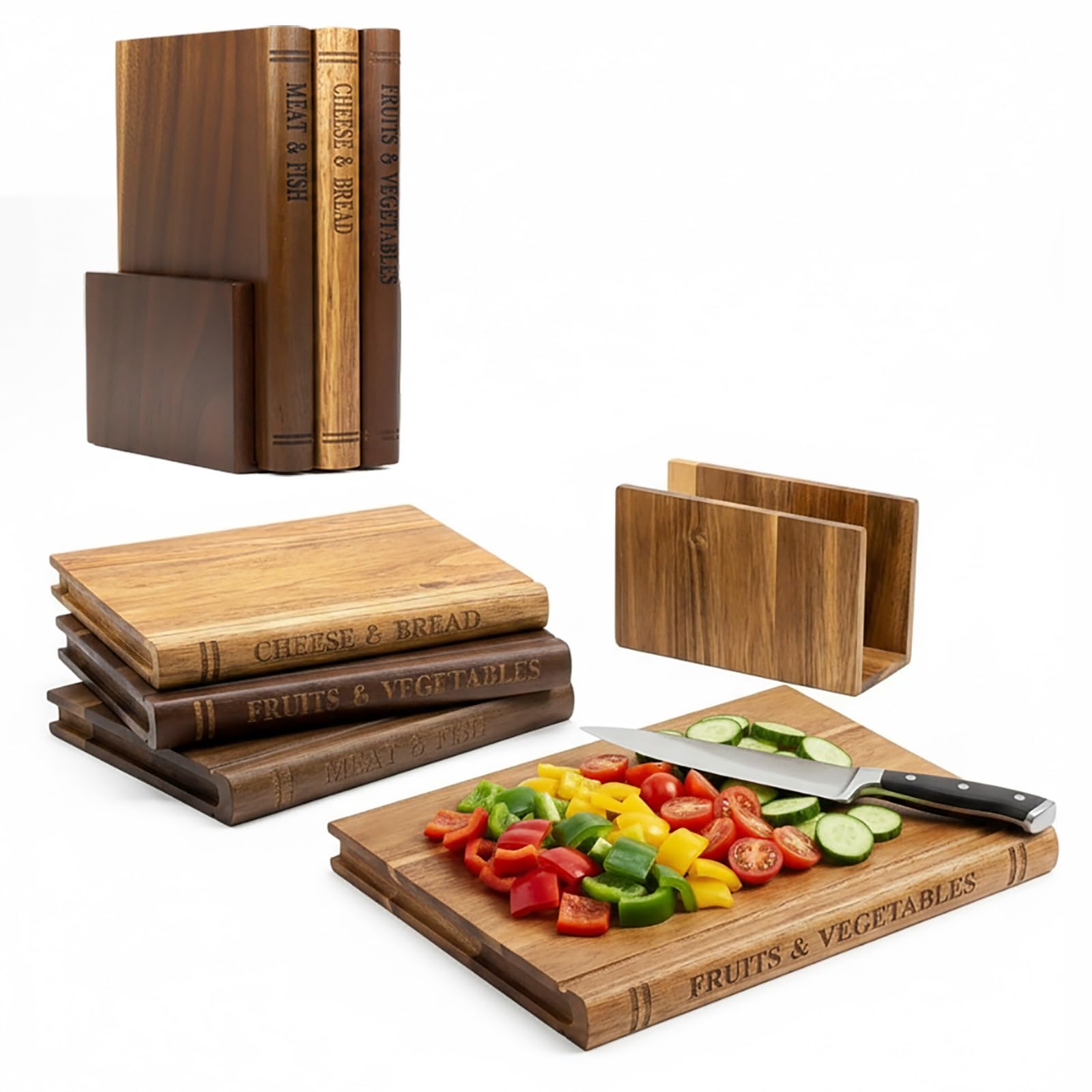 Profi Schneidebrett Holz Set mit Ständer in Buchoptik - 3x Gleiche Größe Holzschneidebrett Set - Robustes Küchenbrett Holz für Fleisch & Brot - Book Cutting Board Set - Schneidebrett Bücher