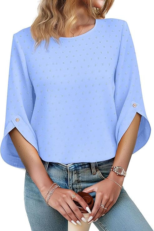 JUSTFASHIONNOW Womens Tops Dressy Casual 3/4 Sleeve Blouses Summer Tops 2025 Trendy Swiss Dots Shirts
