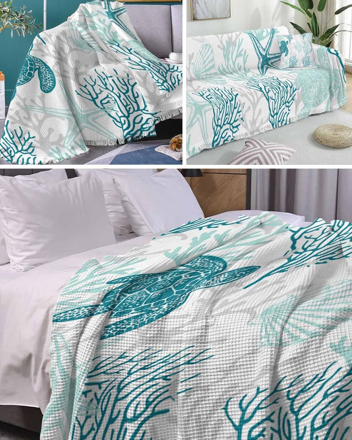 Turquoise Grey Coastal Coral Sofa Covers for 3 Cushion Couch,Washable Sectional & L Shape Couch Covers for Dogs/Cats,Ocean Nautical Summer Beach Turtle Non Slip Sofa Slipcover Futon Cover 71x150