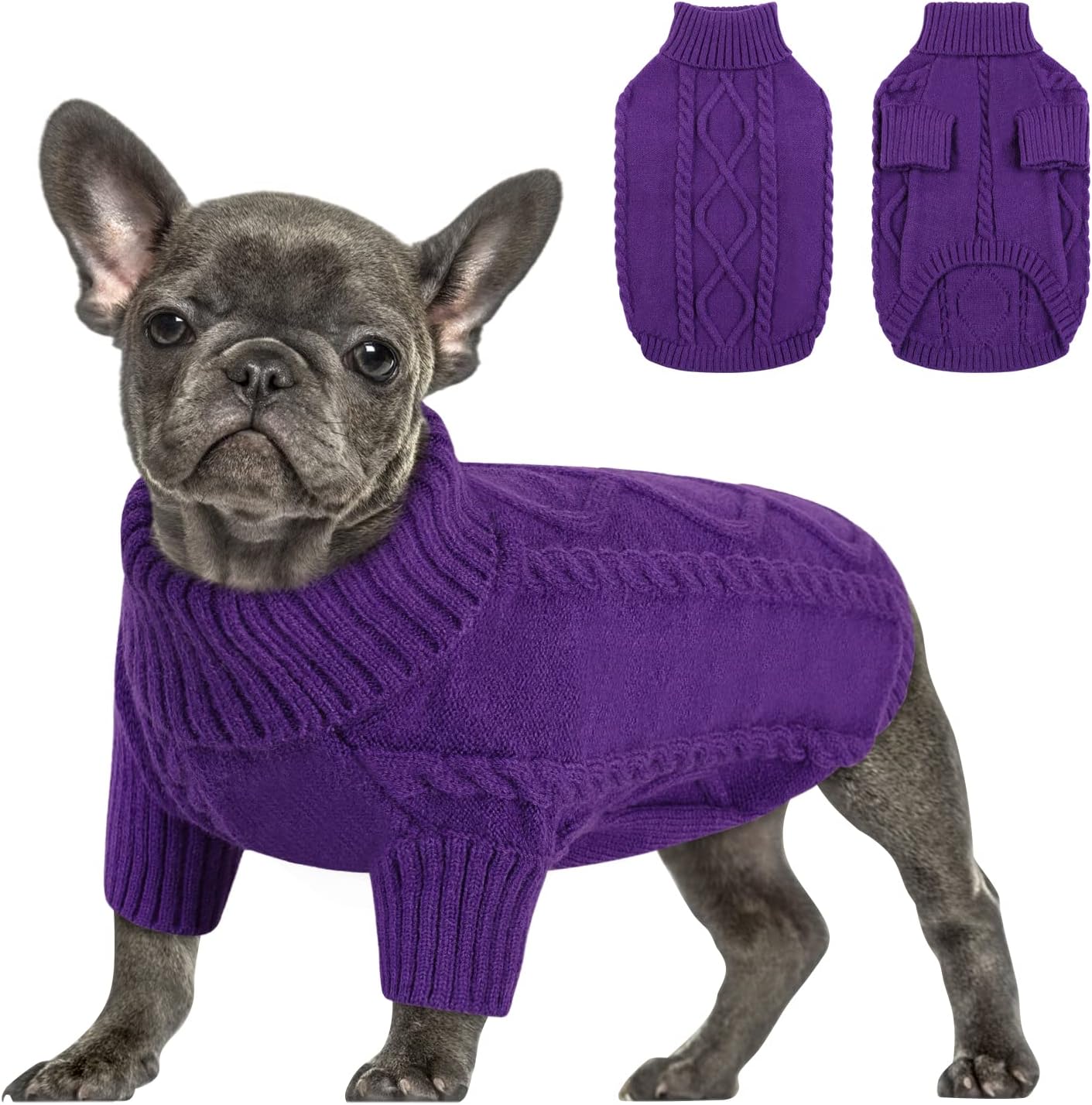 Queenmore Small Dog Pullover Sweater, Cold Weather Cable Knitwear, Classic Turtleneck Thick Warm Clothes for Chihuahua, Bulldog, Dachshund, Pug (Purple, X-Large) X-Large Purple
