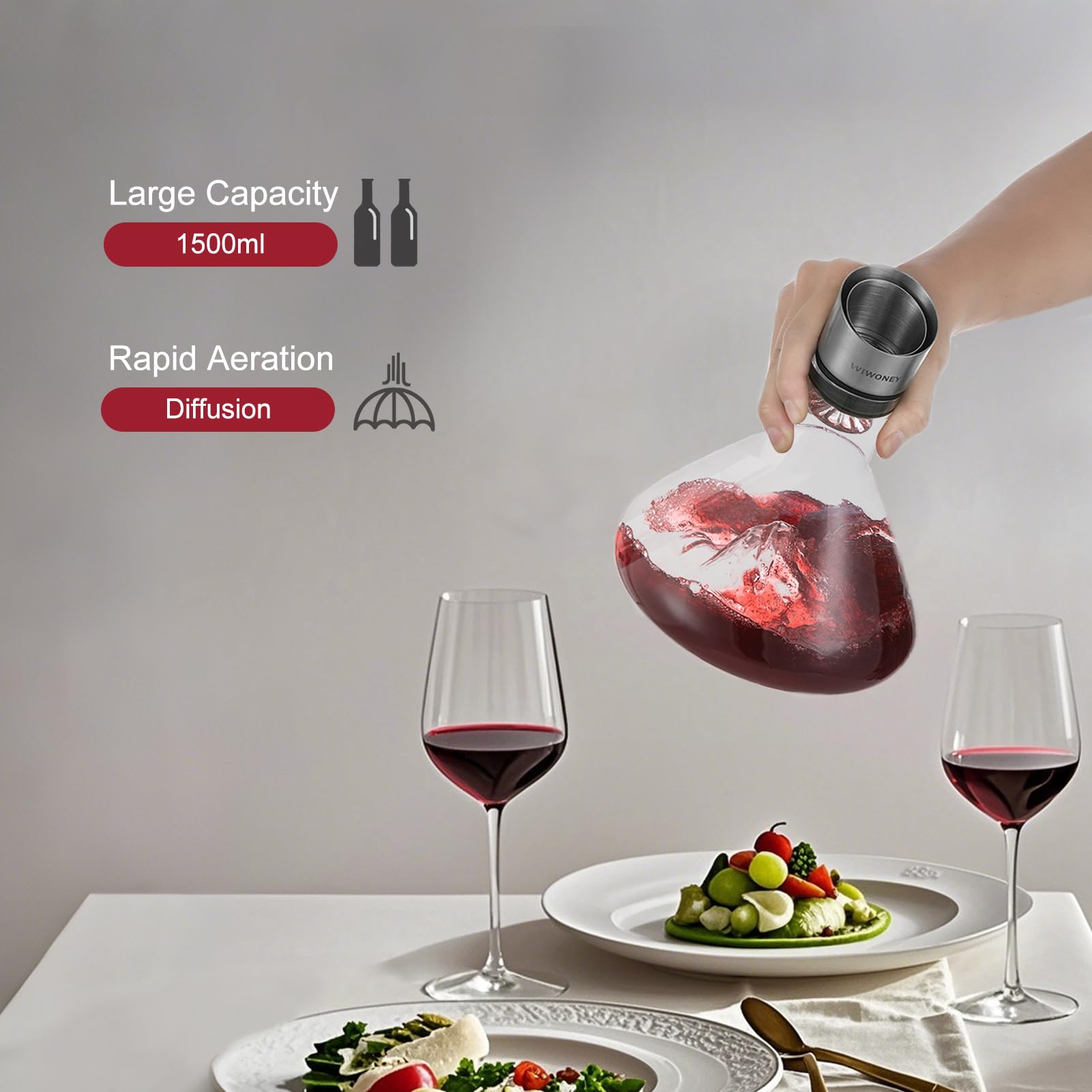 Carafe à Vin Rouge, Decanteur à Vin avec Filtre Aérateur, Verre de Cristal Sans Plomb 100% Soufflé à la Main, Cadeau pour Vin, 1500 ml