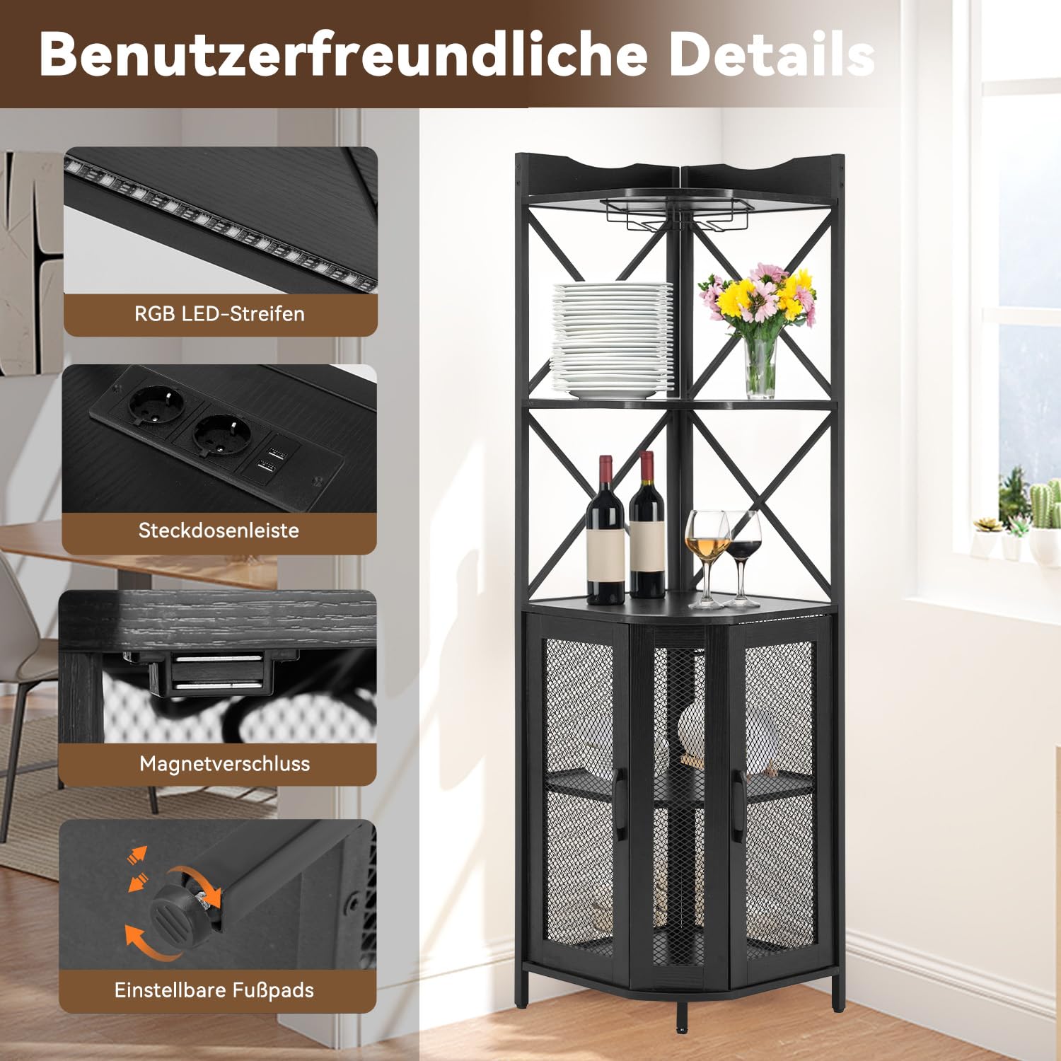 AVAWING Weinschrank, Barschrank Vintage mit Led Licht & Glashälter, Eckschrank aus Metallrahmen, 5 Stufen Küchenschrank mit Kippschutz für Küche Esszimmer Wohnzimmer, Schwarz, 44,5 x 44,5 x 163 cm