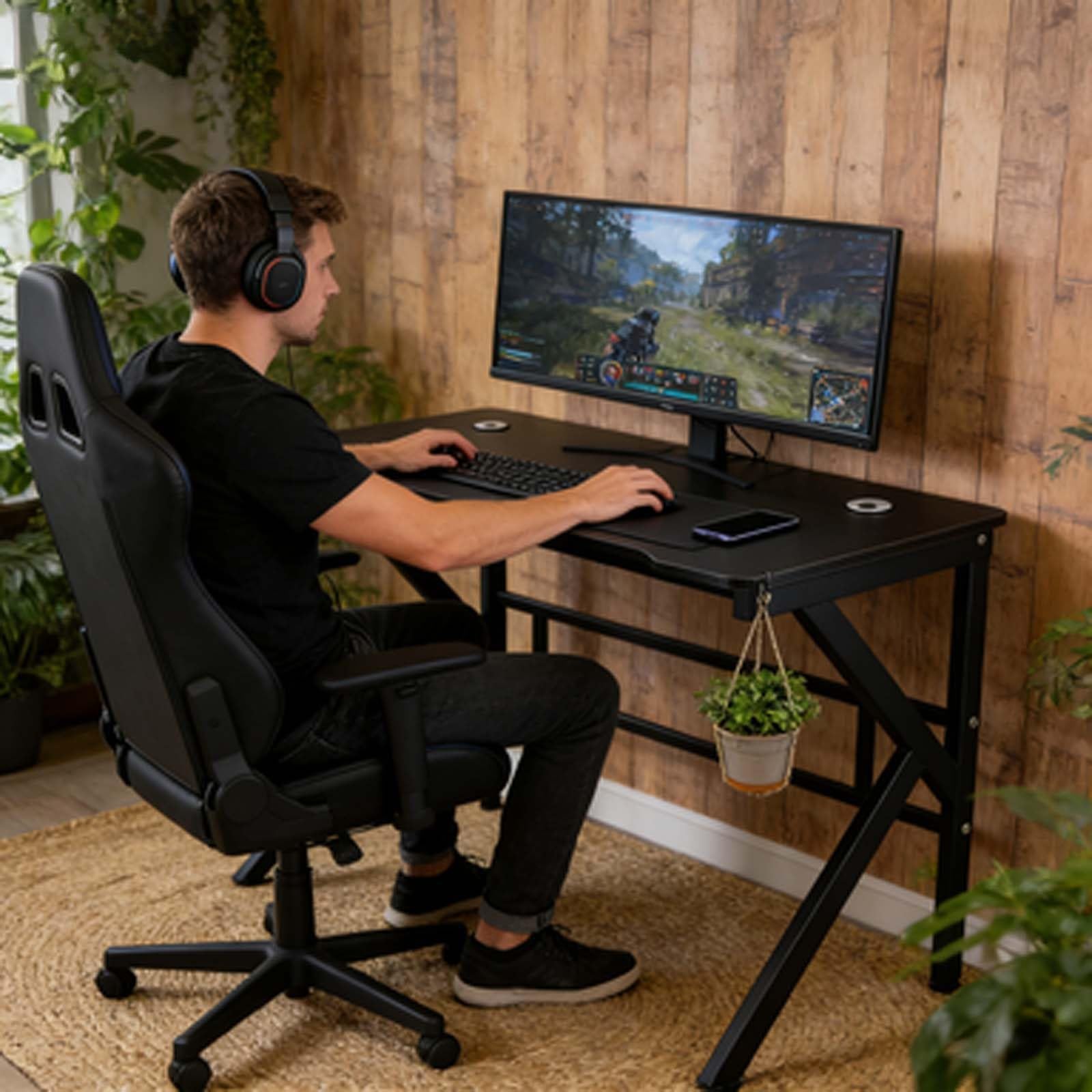 Schwarze Kombination aus Bürotisch und Gaming-Schreibtisch, Kleiner Computertisch mit MDF-Platte | Günstige PC-Gaming-Schreibtisch-Workstation for Lernen(47.24 * 23.62 * 29.13in)