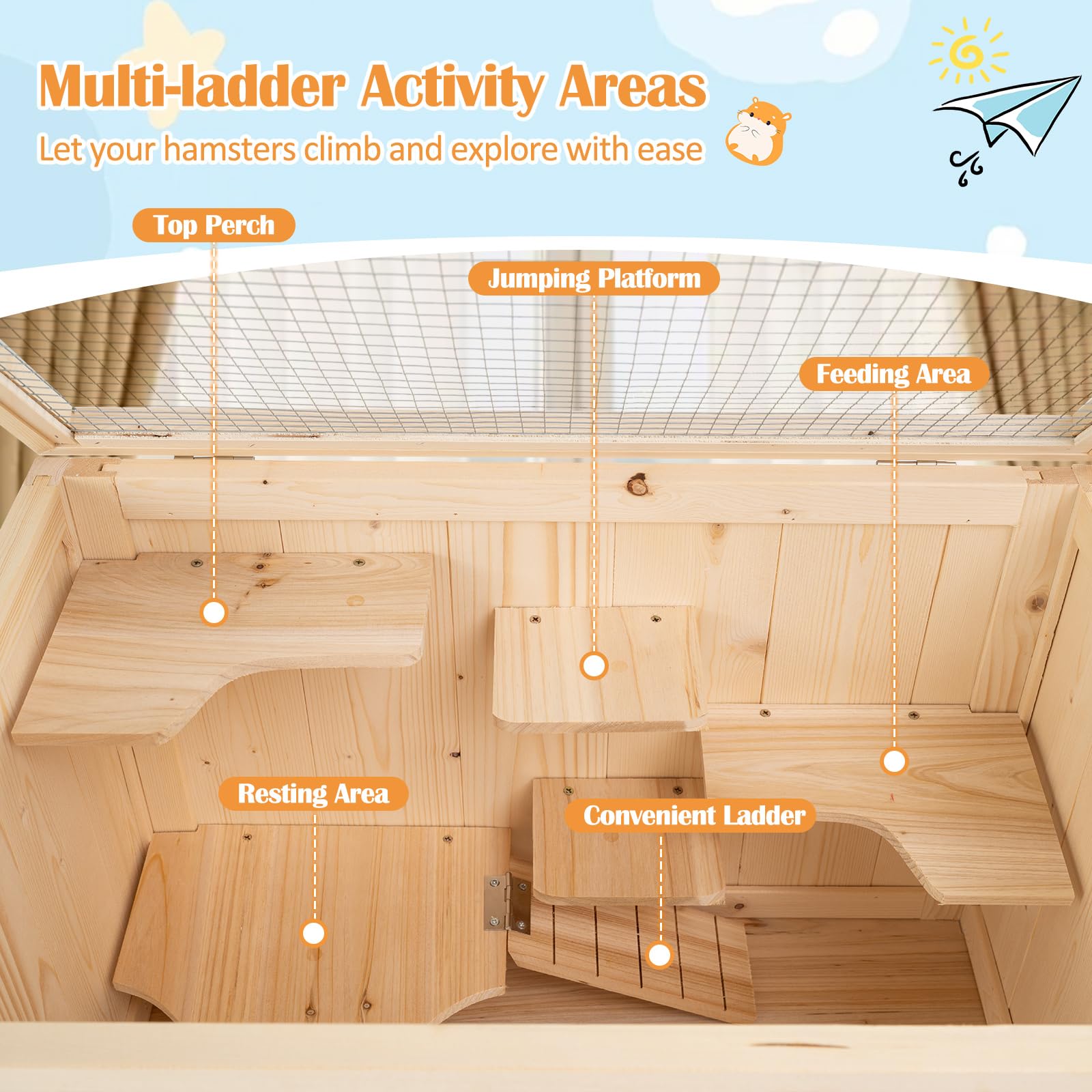 COSTWAY Jaula para Hámster de Madera, Hábitat con Techo Abatible de Malla, Puerta de Acrílico Bloqueable, Estante Inferior, Escaleras y Plataformas, Espacio Amplio para Animales Pequeños, Interior