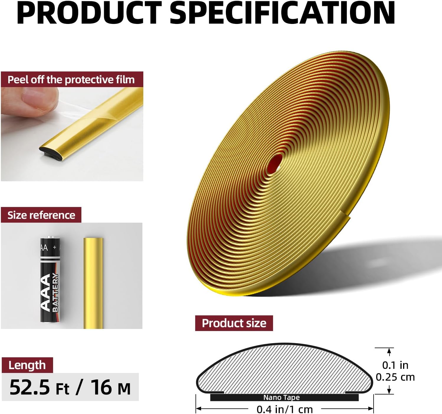 52.5 Ft Peel and Stick Wall Molding Trim, D-Shape Flexible Molding Trim Matte Gold for Backsplash, Mirror, Wall, Window & Door Frames, Waterproof Self Adhesive Trim(W:0.4", T:0.1")
