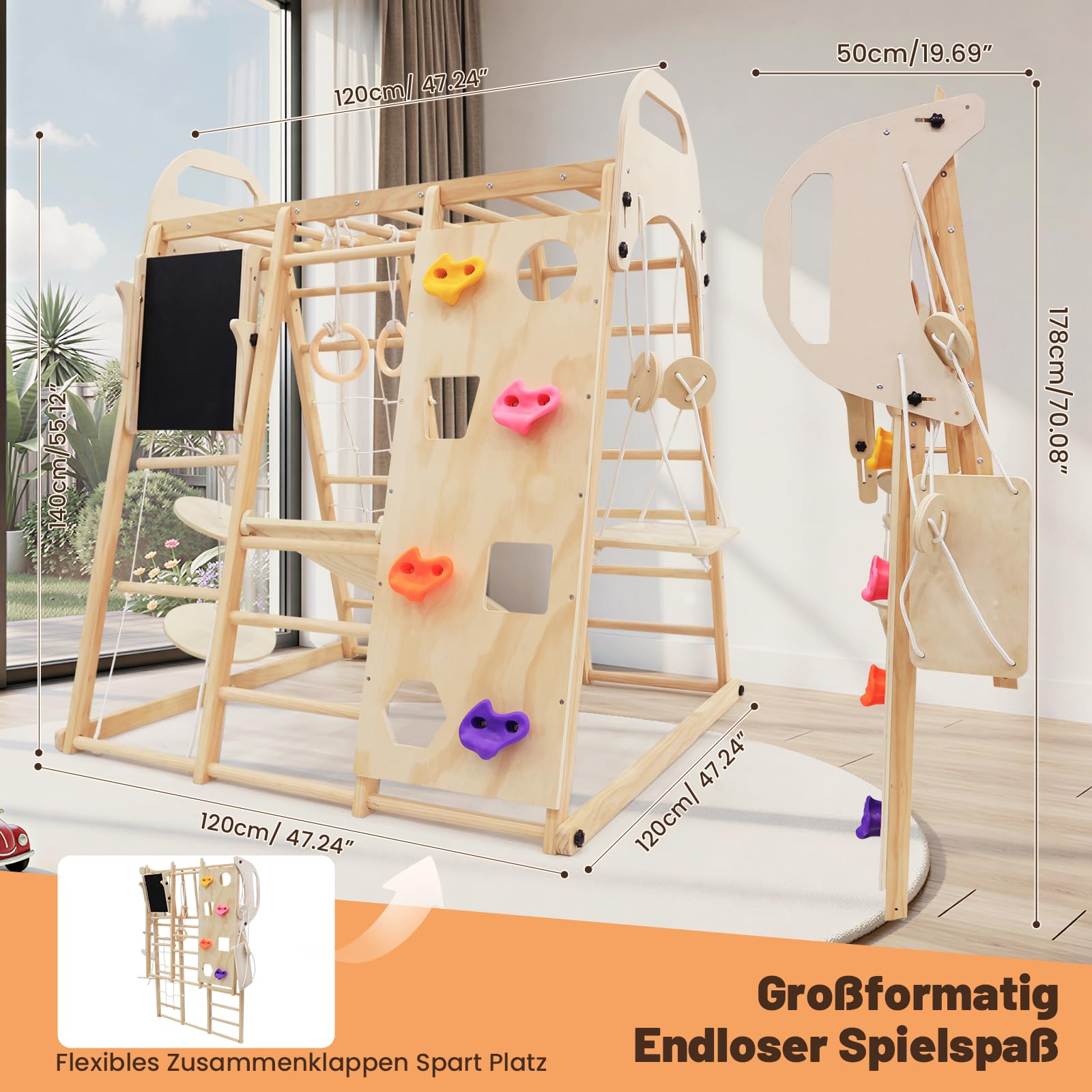 Maxi Klettergerüst Indoor, 12 in 1 Multifunktional Klettergerüst Klappbar aus Massivem Holz, Indoor Spielplatz mit Tafel, Schreibtisch, Schaukel, Rutsche, 2-in-1-Kletterwand, Kletterdreieck
