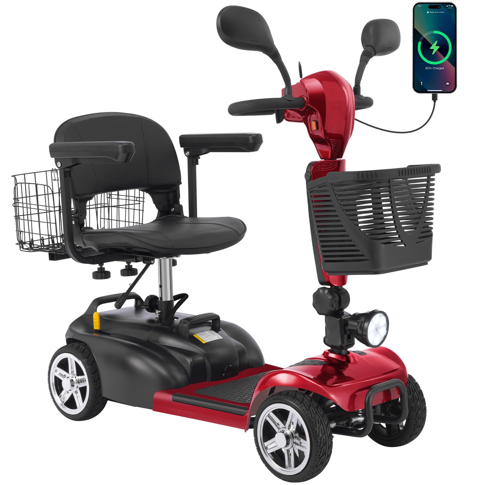 15-45 Miles Ecomobi MS02 4 Wheels Mobility Scooter for Adults/Seniors, 350W Powered Electric Wheelchair Device w/15Ah-25Ah Extended Battery, Dual Baskets/Rotating Seat, Compact Duty Mobile for Elderly