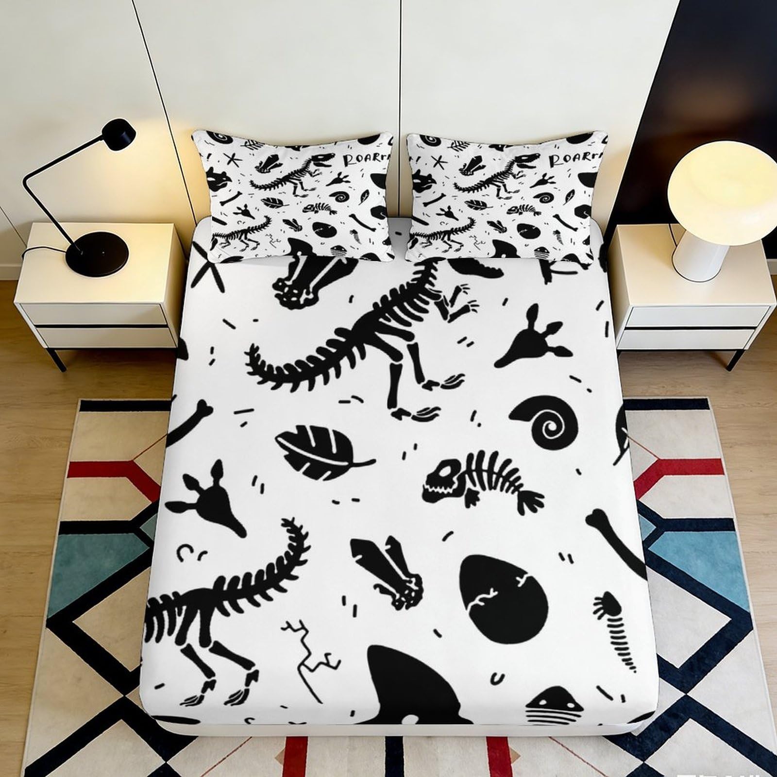 3D Printed Dinosaur Skeleton Fitted Sheet Microfiber Soft Black White Fossil Mattress Cover for Bedroom Dorm Decor 90x200x25cm