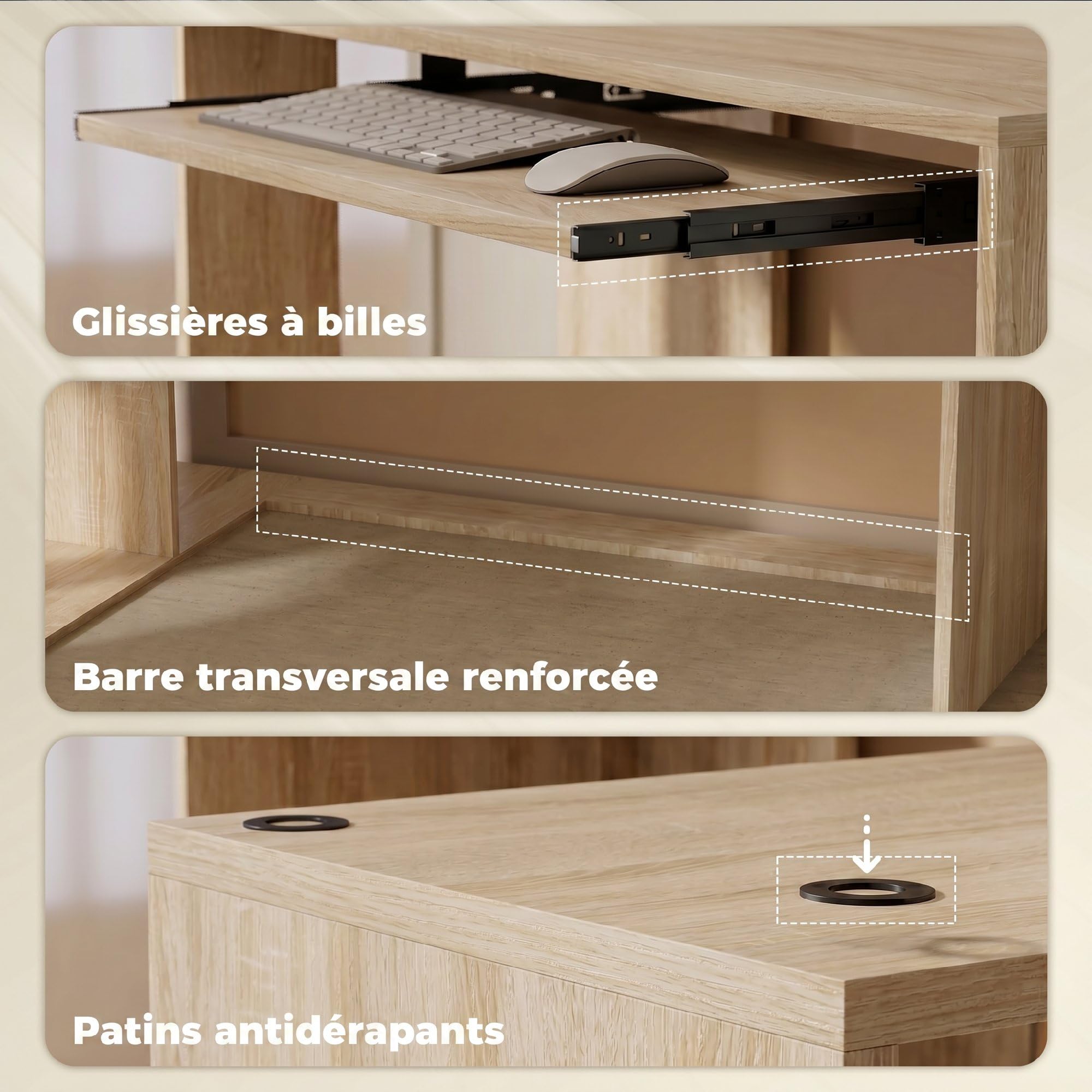 HOMCOM Bureau d'angle avec Plateau pour Clavier en L 120 x 100 cm Naturel
