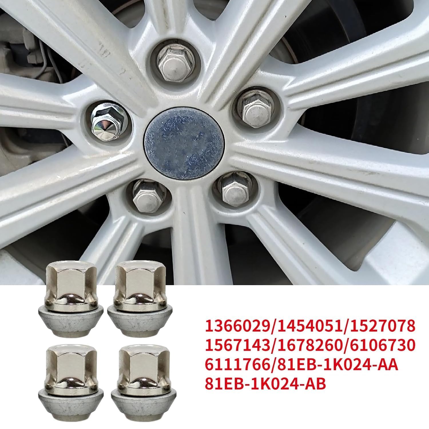 Raheem 1366029 Lot de 4 écrous de roue en alliage M12 x 1,5 mm en acier inoxydable pour Ford Fiesta Focus Mondeo Fusion C-Max Kuga Transit Connect Escort Puma Volvo C30 S40 V40 V50 C70 81EB1K024AB