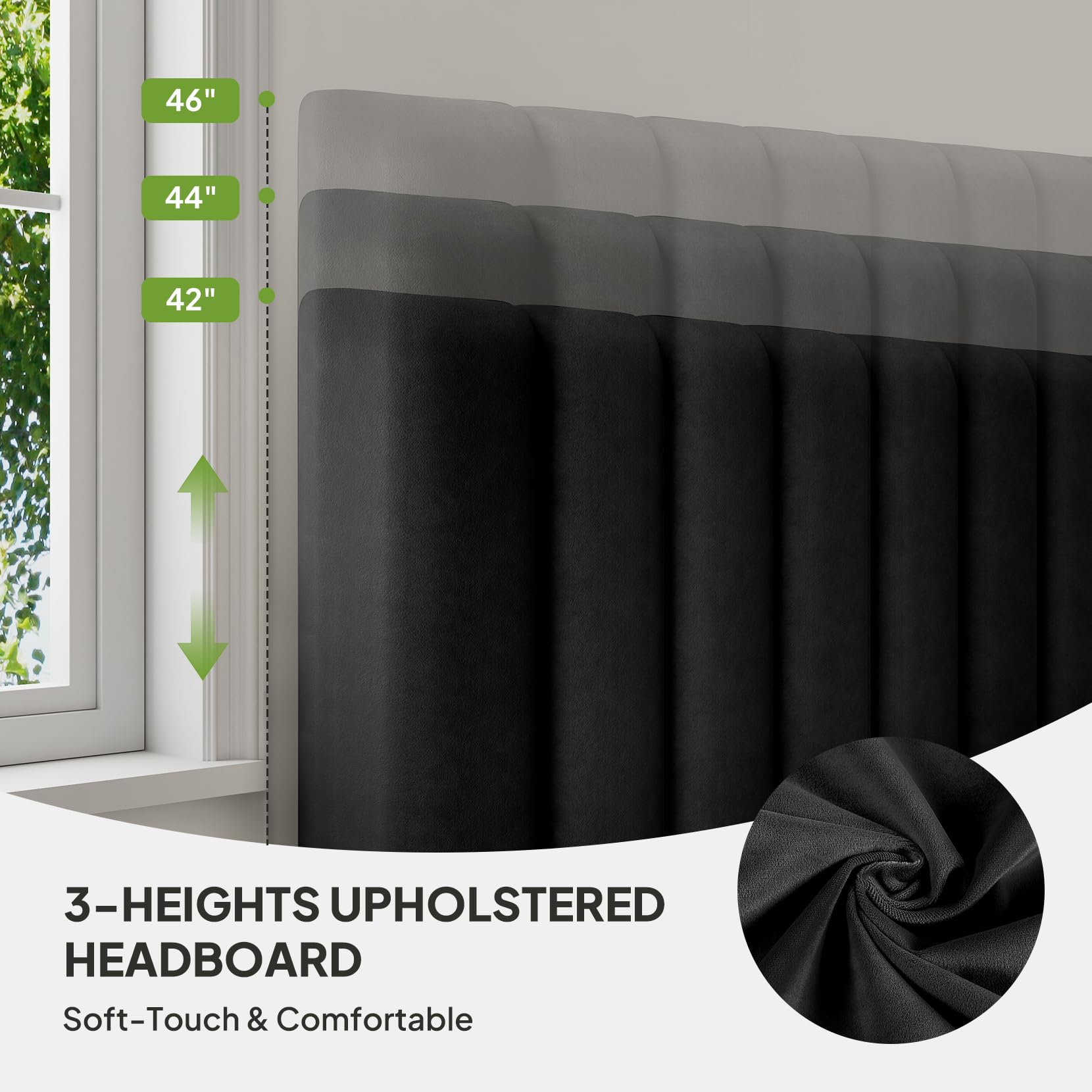 Welzona Queen Upholstered Bed Frame with Headboard, Velvet Upholstered Metal Platform Bed with Vertical Channel Tufted Headboard, 3-Level Height, Metal Slat Support, Noise-Free Easy Assembly, Black - 3