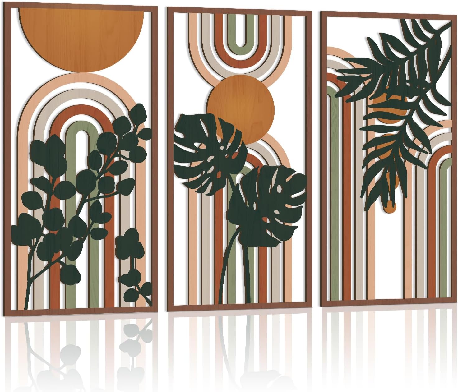 FWIEXA Botanical Wood Wall Art, Dark Green Palm Leaves Bohemian Nature Wall Decor, Large 3D Boho Modern Wall Art for Living Room Bedroom Home Decor Hotel Apartment Leaves wall decor