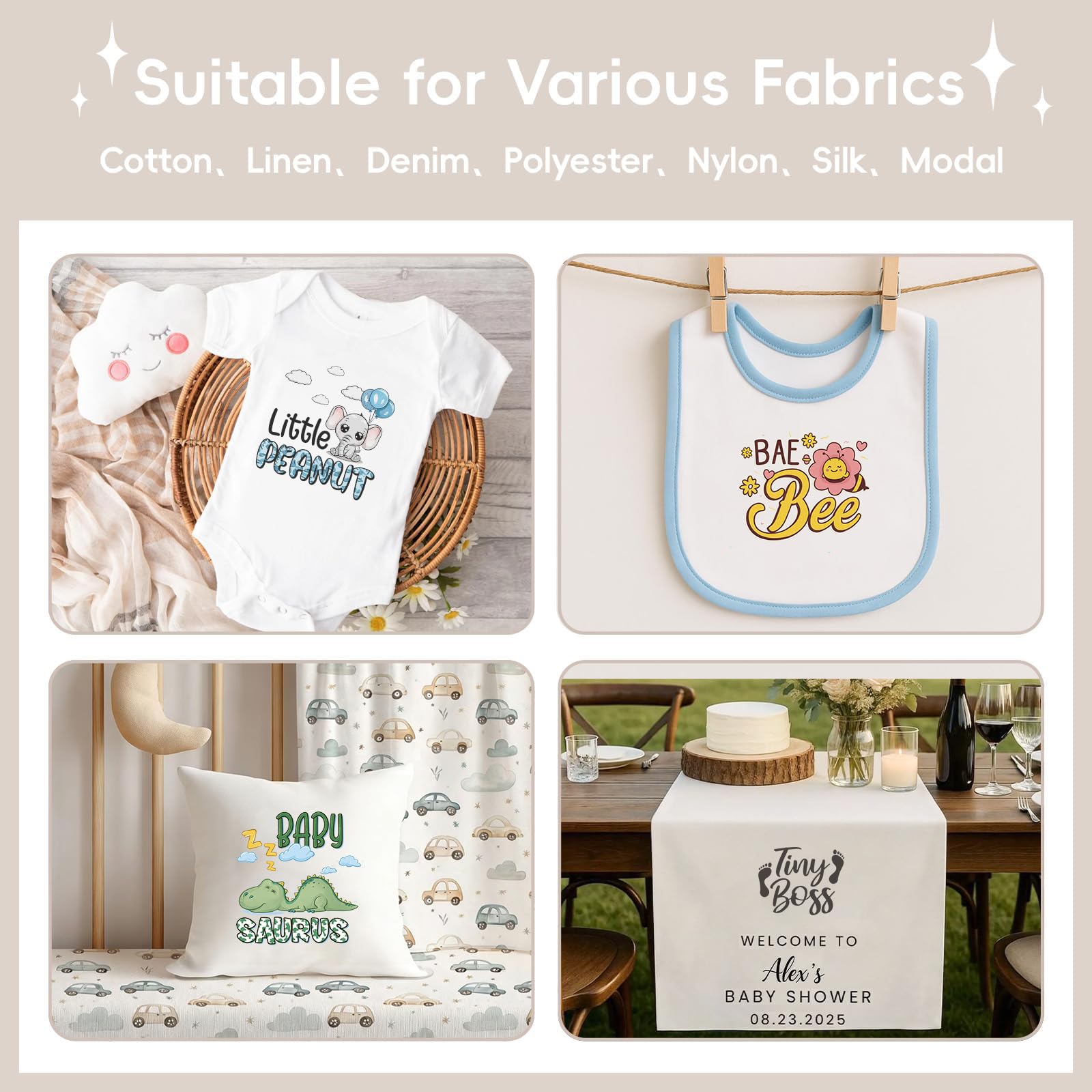 Decoraciones para baby shower, 36 hojas de parches termoadhesivos para ropa, divertidos juegos de baby shower, transferencias DTF, kit de decoración de una pieza listo para apretar para manualidades