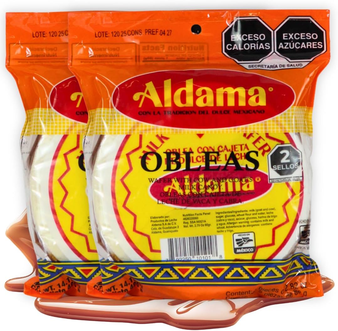 ALDAMA Large Obleas Grande Wafer Milk Candy – 14.1 oz | Creamy Mexican Oblea Cookies with Dulce de Leche Filling (2-Pack, 5 Pieces Per Pack)