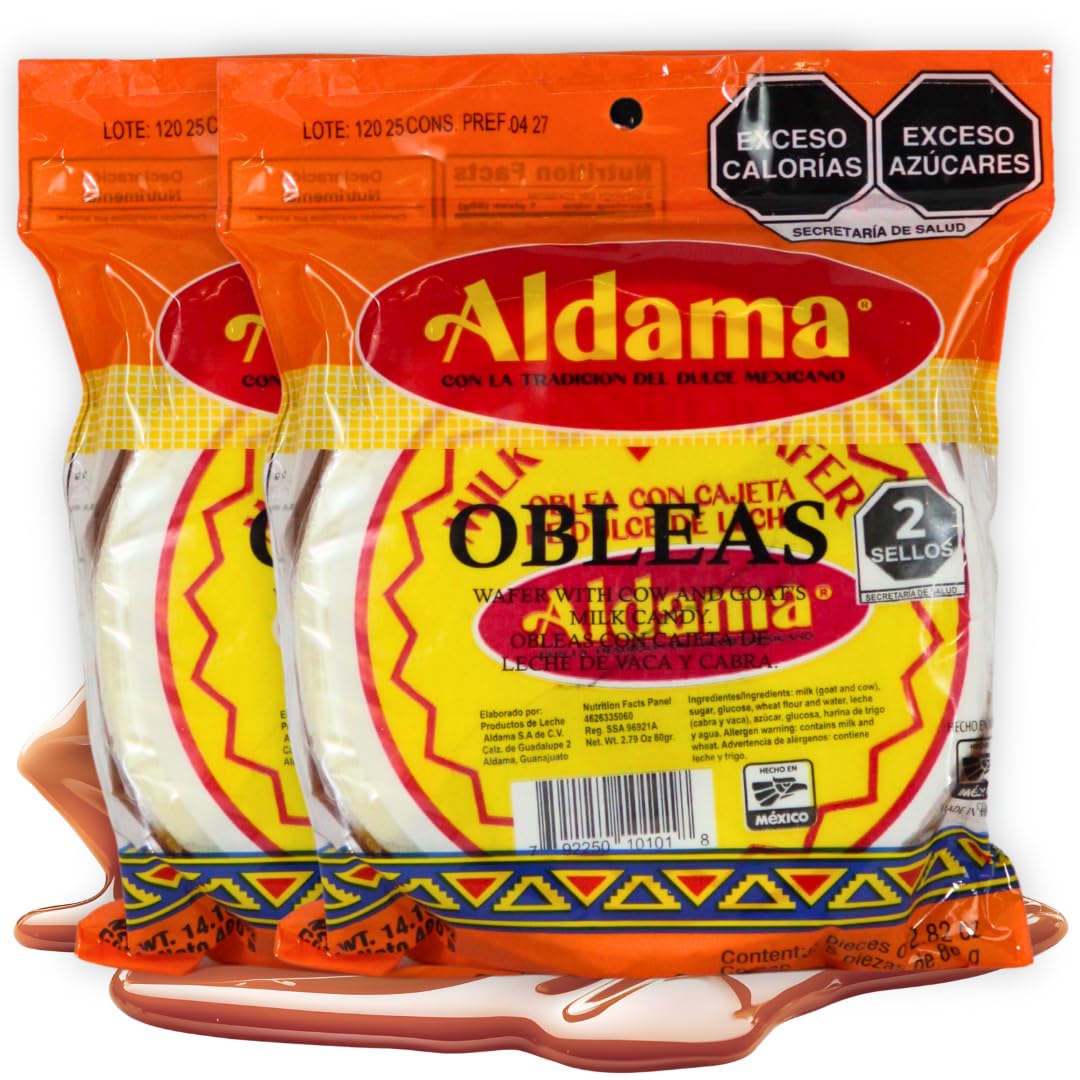 ALDAMA Large Obleas Grande Wafer Milk Candy – 14.1 oz | Creamy Mexican Oblea Cookies with Dulce de Leche Filling (2-Pack, 5 Pieces Per Pack)