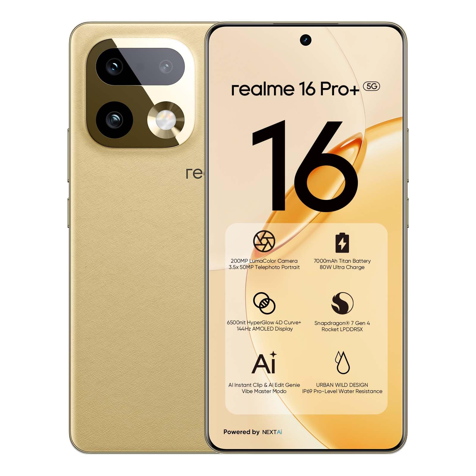 realme 16 Pro+ 5G Smartphone 12GB + 512GB, 200MP LumaColor Fotocamera + 50MP, Telefono Cellulare con Processore Snapdragon 7 Gen 4, Batteria 7000mAh e Ricarica da 80W, Cellulari da 6,8" 144Hz, Oro