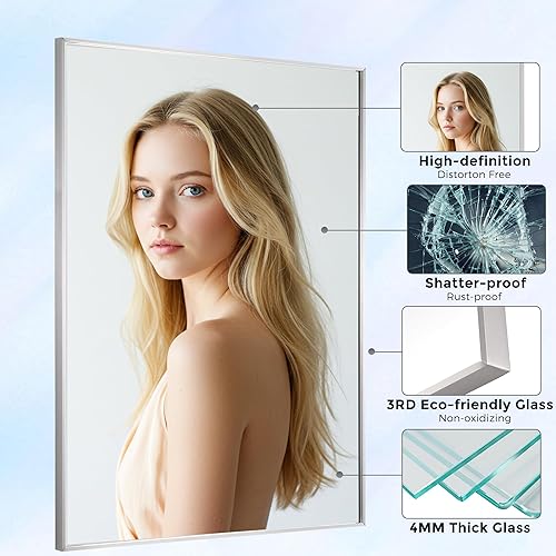 Miniatura 43 de Espejo de baño dorado naranja de 30 x 30 pulgadas para pared, espejo rectangular rectangular con marco de aluminio, moderno grande para dormitorio