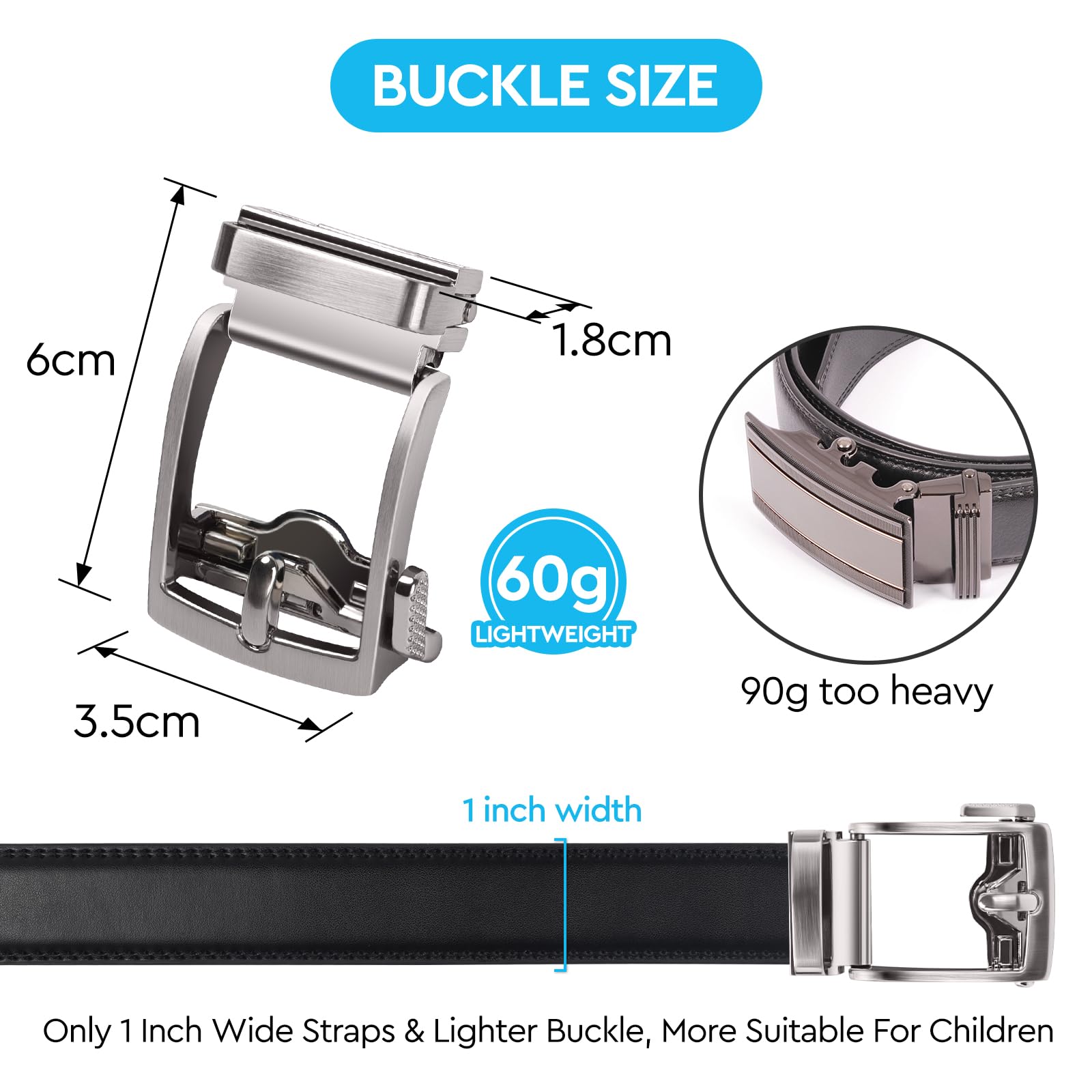 Ceinture en cuir Easy-release pour garçons, ceinture à cliquet de 1" de large pour les occasions formelles et quotidiennes.