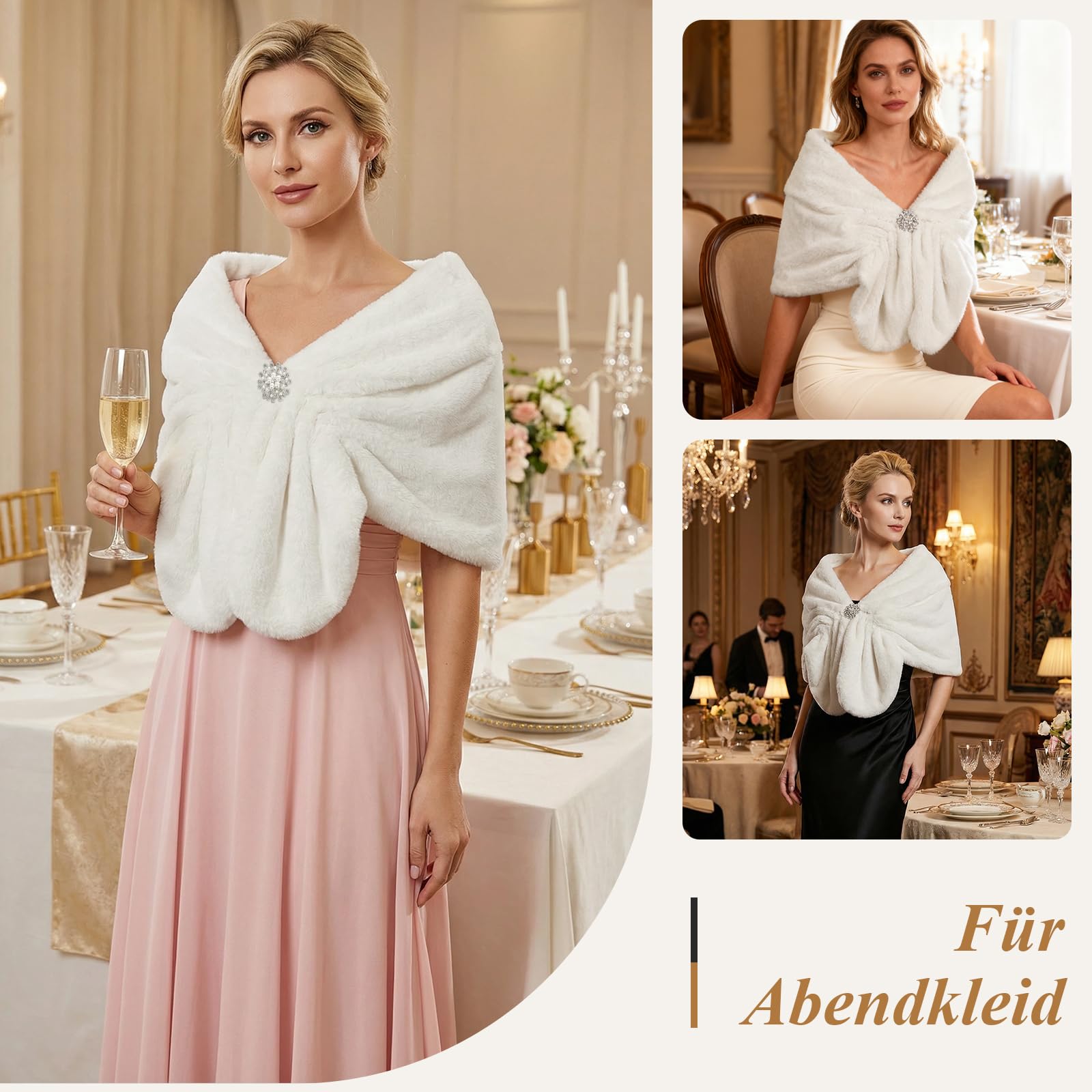 Kunstfell-Stola für Frauen,Elegante Brautstola mit Brosche für Hochzeit, Abendkleid & Party, Flauschige weiße Abendcape für Braut, Brautjungfern & Cheongsam (Einheitsgröße)
