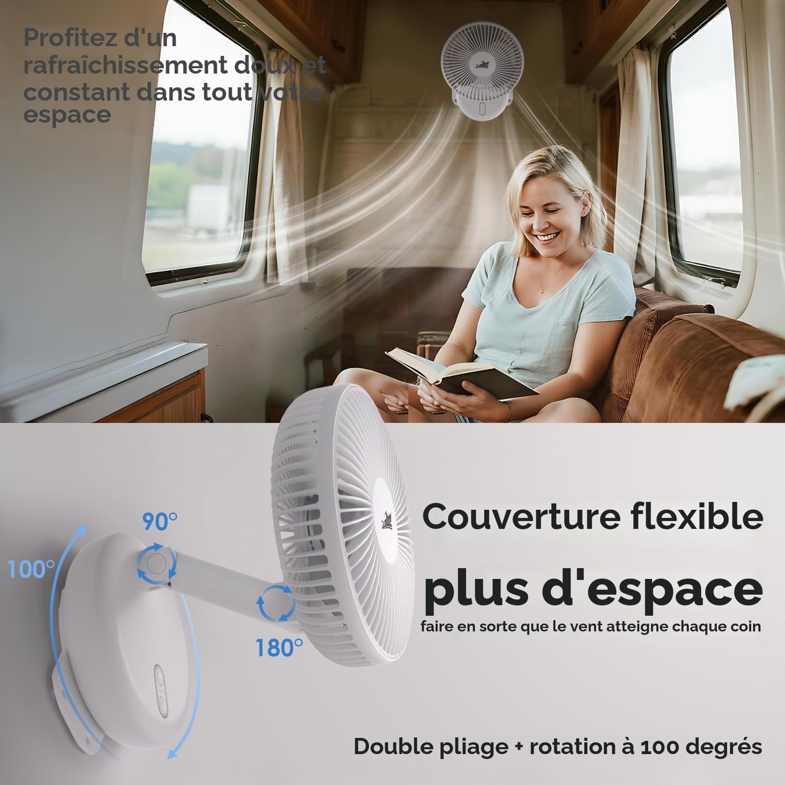 ZOIZ Ventilateur Camping-Car 12V avec LED 4 Couleurs, Ventilateur Mural et de Table, Double Alimentation 12V et USB-C, Oscillant Silencieux pour Van Aménagé, Caravane, Bateau, Chambre & Vanlife