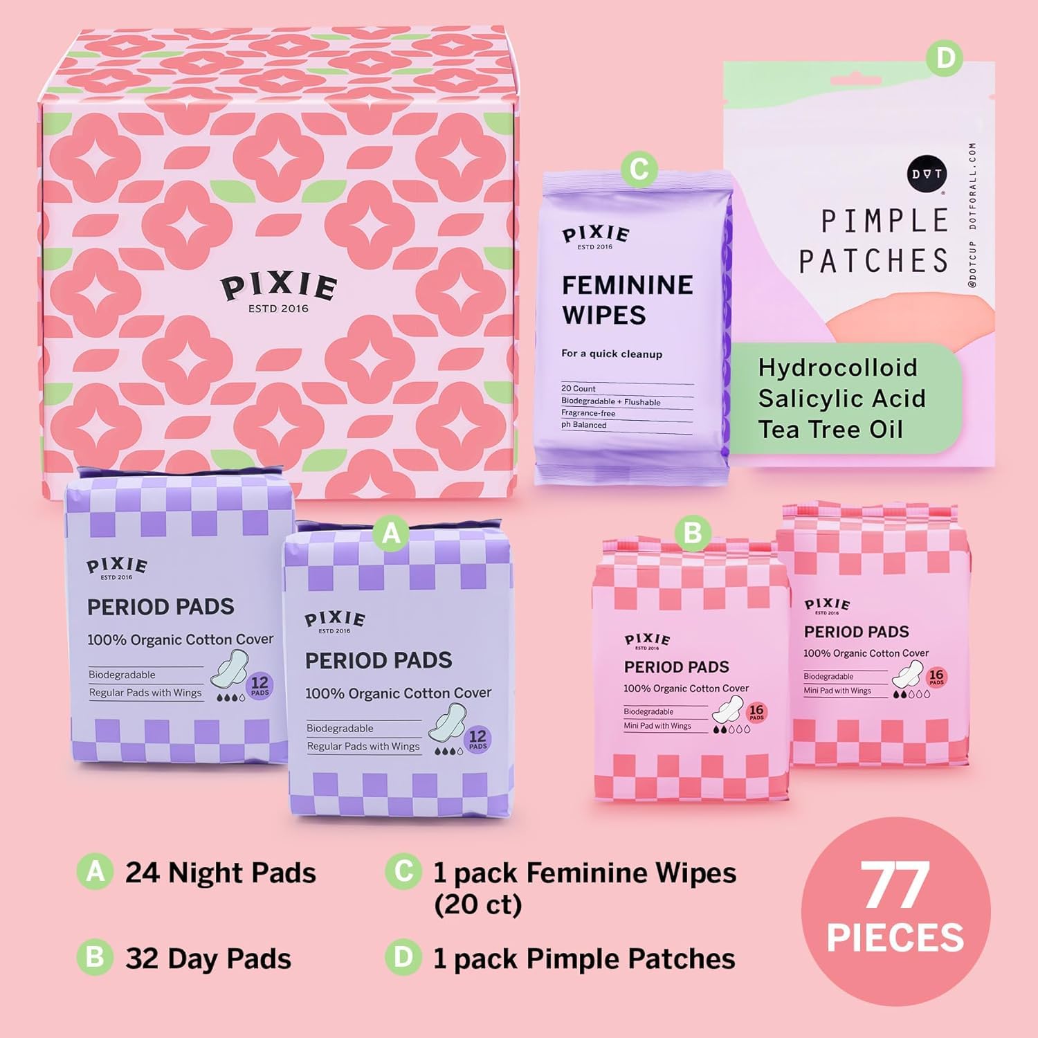 Pixie Period Starter Pads for Teen Girls - Organic Cotton 56ct - Designed for Tweens & Smaller Underwear - Leak-Proof with Wings for Feminine Care - Includes 32ct Mini & 24ct Regular Pads with Wipes