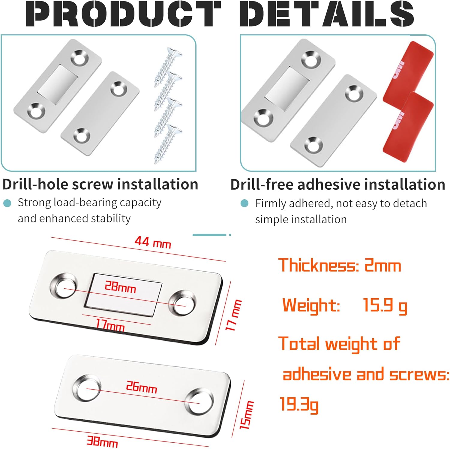 Ultra Thin Quiet Magnetic Door Catch, Punch-Free, No-Drill Invisible Cabinet Magnet Closure for Kitchen Cabinets, Drawers, Closets and Sliding Doors (8PCS)