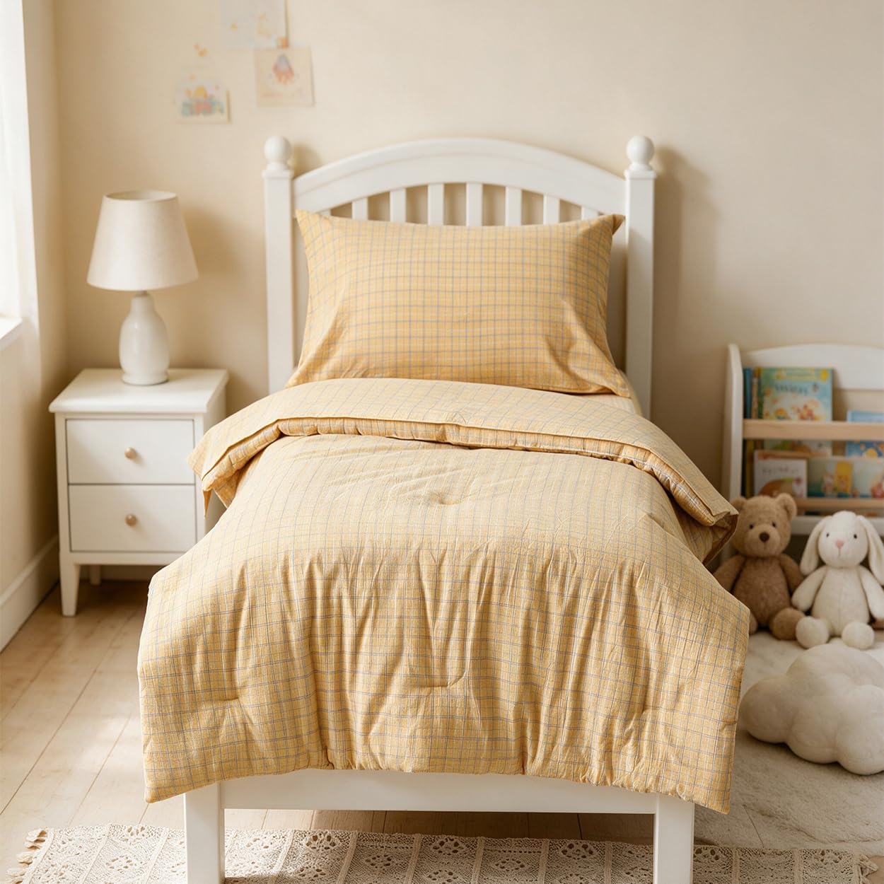CLOTHKNOW 4Pieces Washed Cotton Yellow Plaid Toddler Bedding Sets for Kids