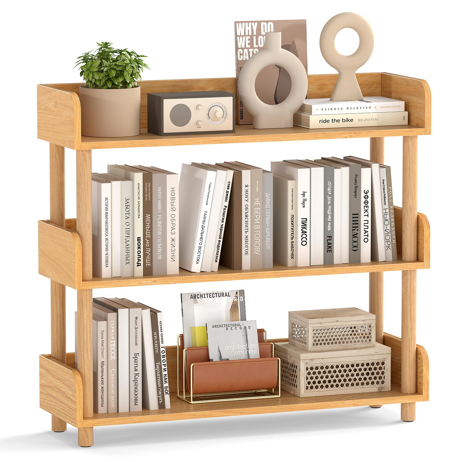 COSTWAY Libreria Verticale a 3 Livelli, Scaffale per Libri Aperto con Gambe in Legno di Pino,Protezione dei Bordi e Kit Antiribaltamento, Libreria Scaffale da Terra per Soggiorno e Camera da Letto