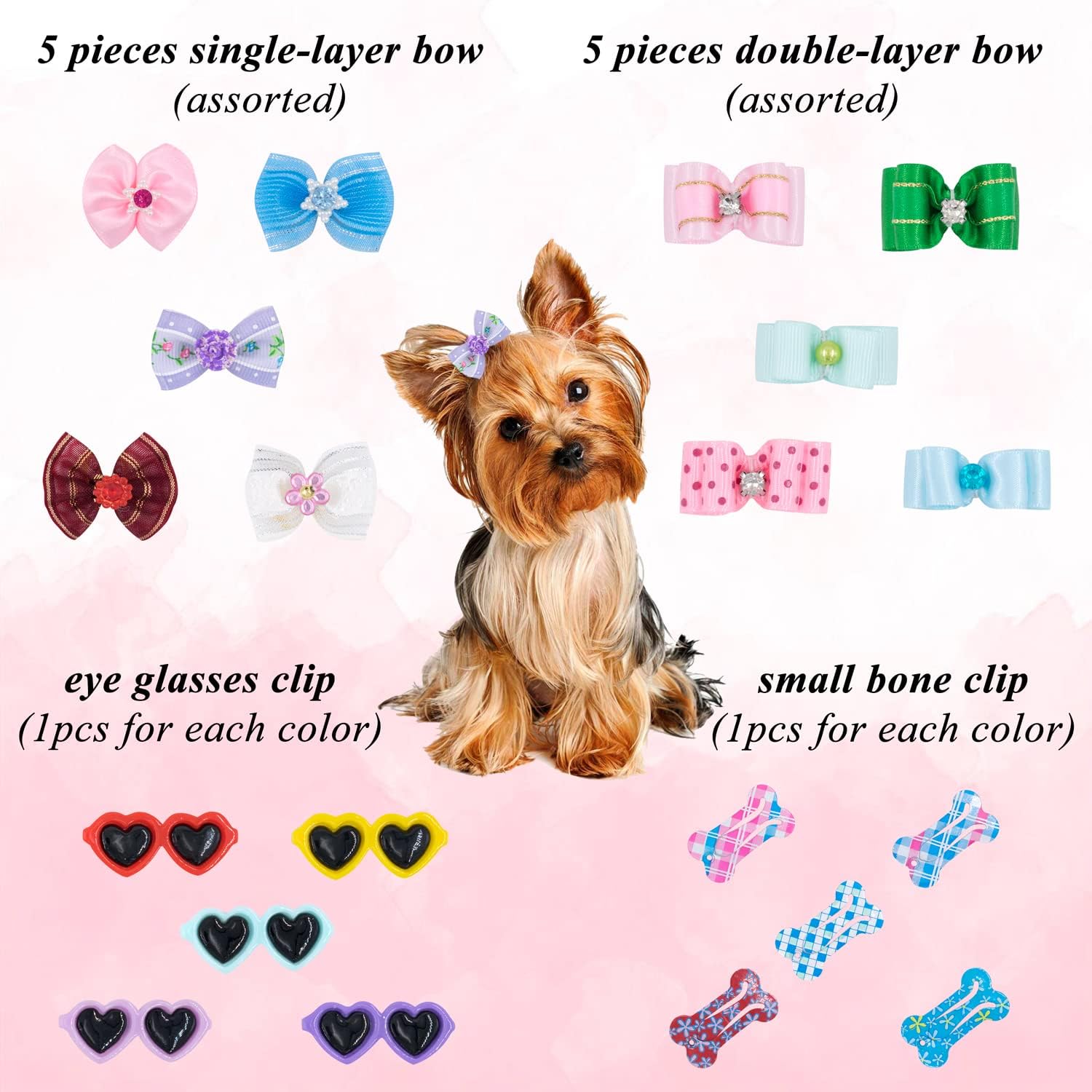 Dog Hair Accessories Bow Headpiece, 20 Clips Dog Hair Ties with Rubber Bands Dog Hair Bows for Pets with Rubber Bands 5