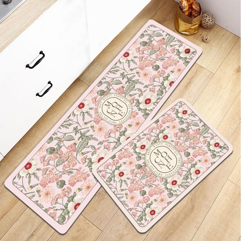 Image of HomeCloud Rubber Kitchen Mats for Floor Set of 2 Pcs|Non-Skid, Soft Absorbent Rugs for Kitchen, Laundry, and Hallway|120x40cm, 40x60cm| 4mm Thickness (Mconhe Pink Flower)
