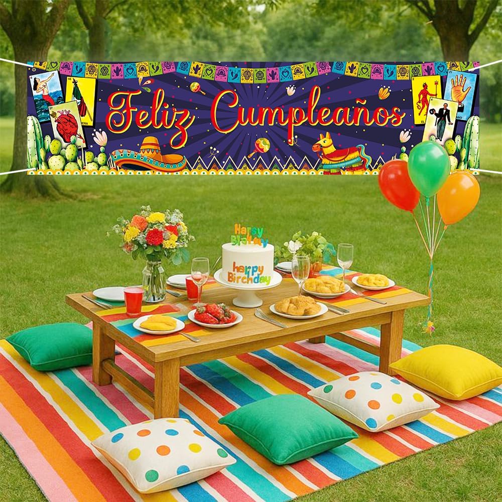 Mexican Cards Theme Birthday Banner 8 X 2 Ft, Bingo Card Fiesta Feliz Cumpleaños Banner, Mexicana Fiesta Party Backdrop, Spanish First Fiesta Birthday Party Yard Sign