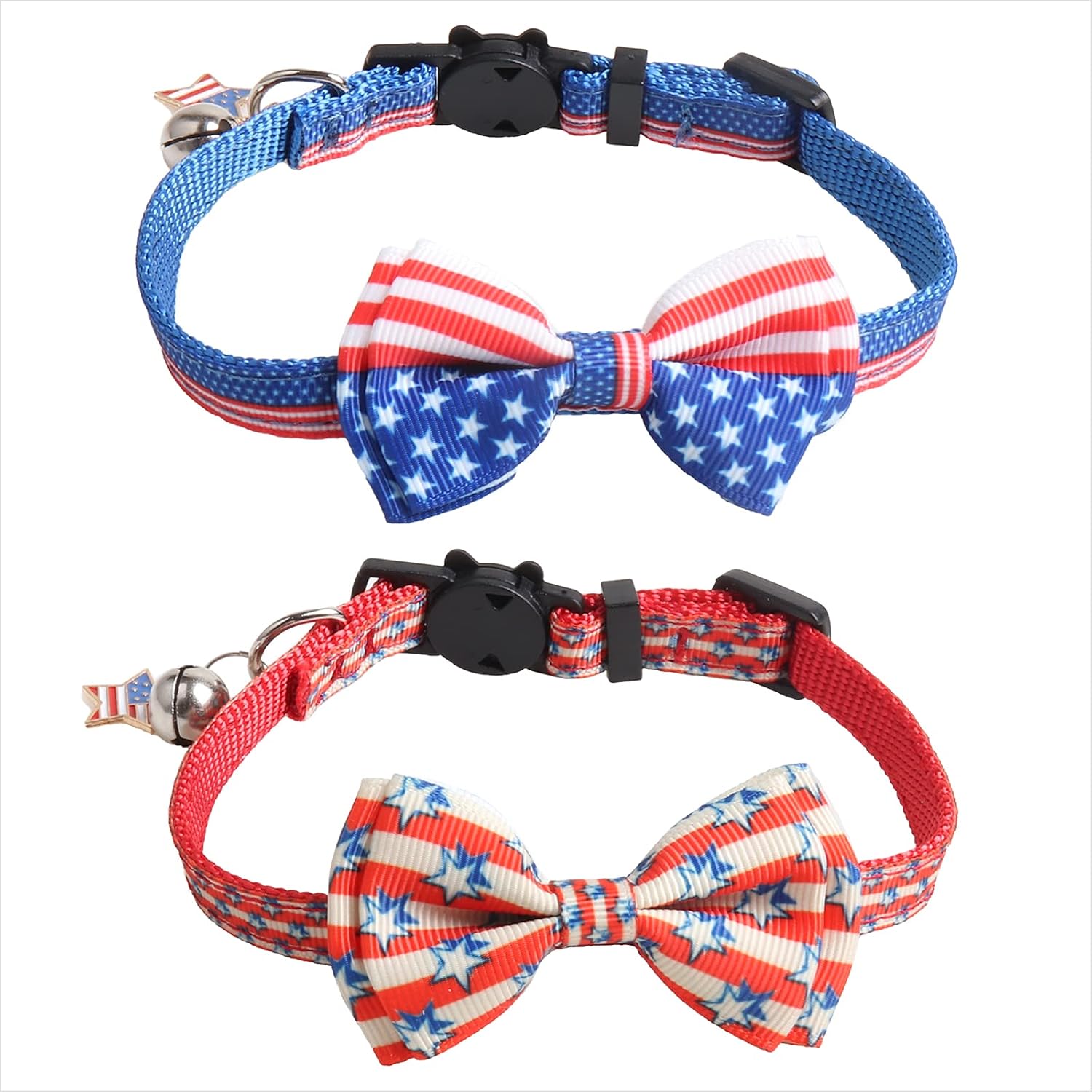 SOGAYU SOGAYU2 Pack/Set 4th of July Cat Collar Breakaway with Bell & Pendant, American Flag Bowtie Safety Kitty Collar Removable…