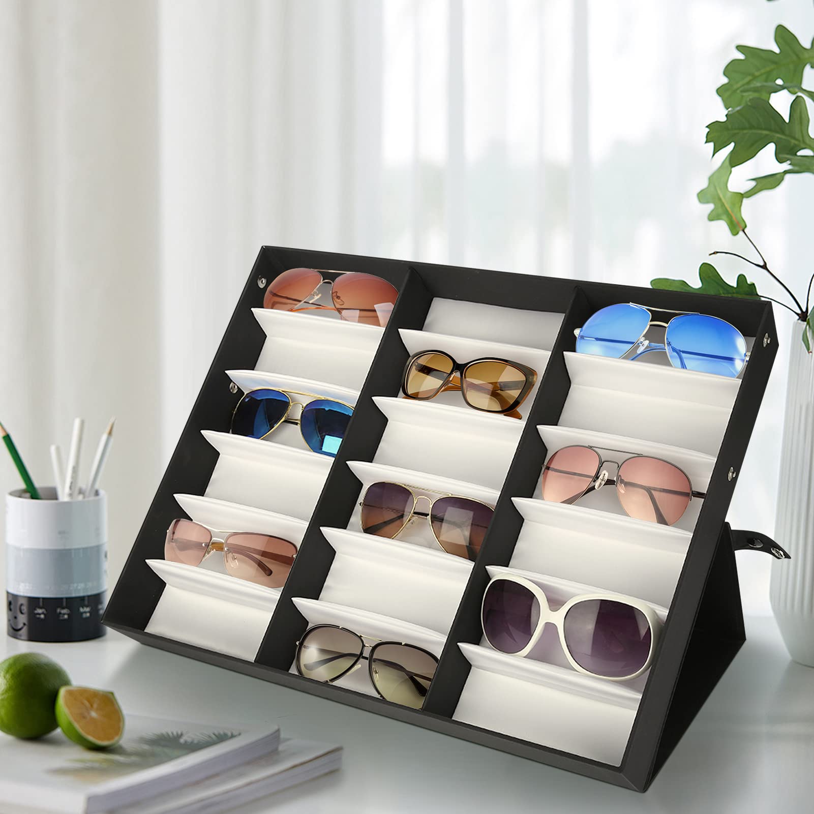 Ausla Boîte de Rangement pour Lunettes, 18 Fentes, Verrouillable avec Couvercle Pliable, Présentoir Organisateur