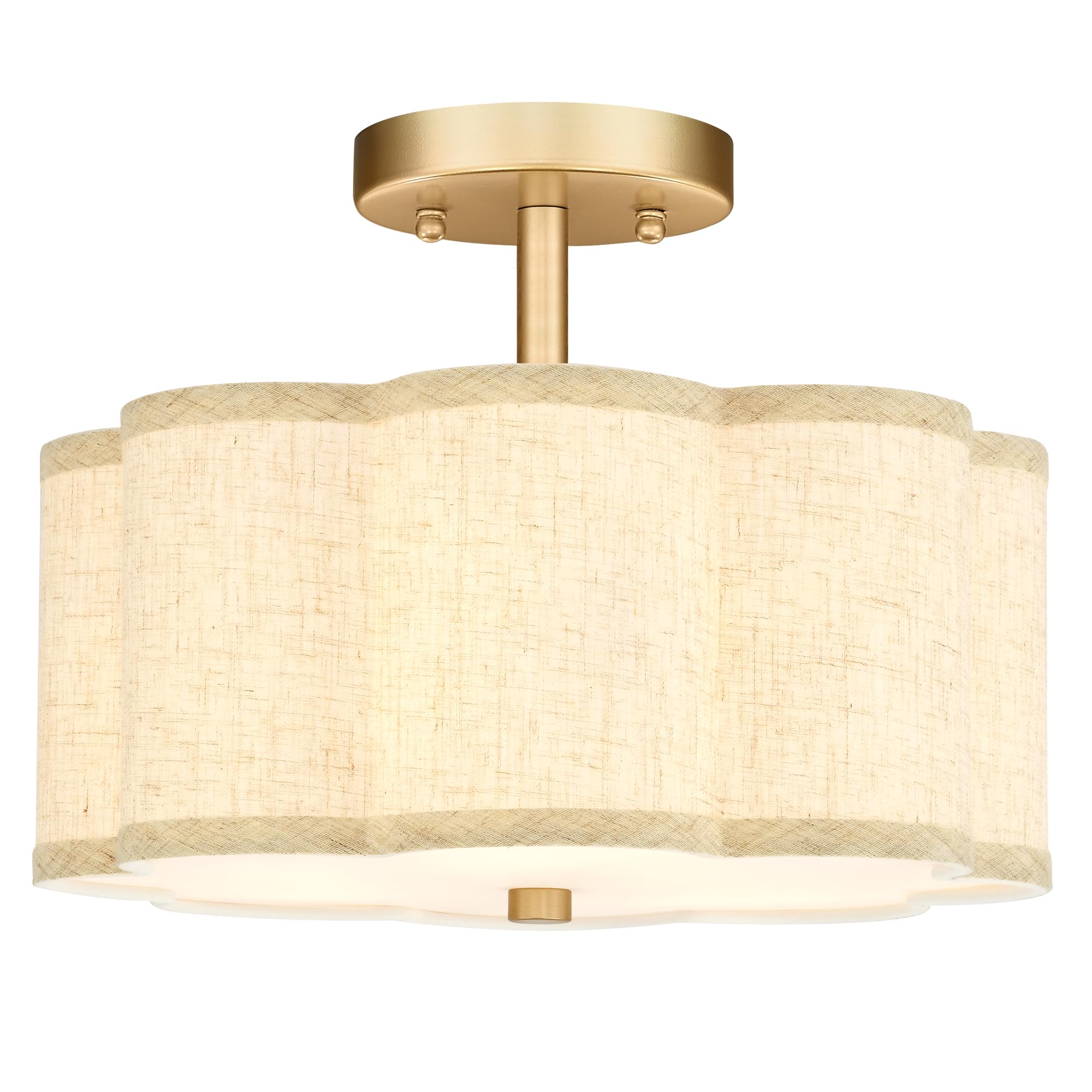 12.5" Gold Semi Flush Mount Ceiling Light, Linen Fabric Drum Shade
