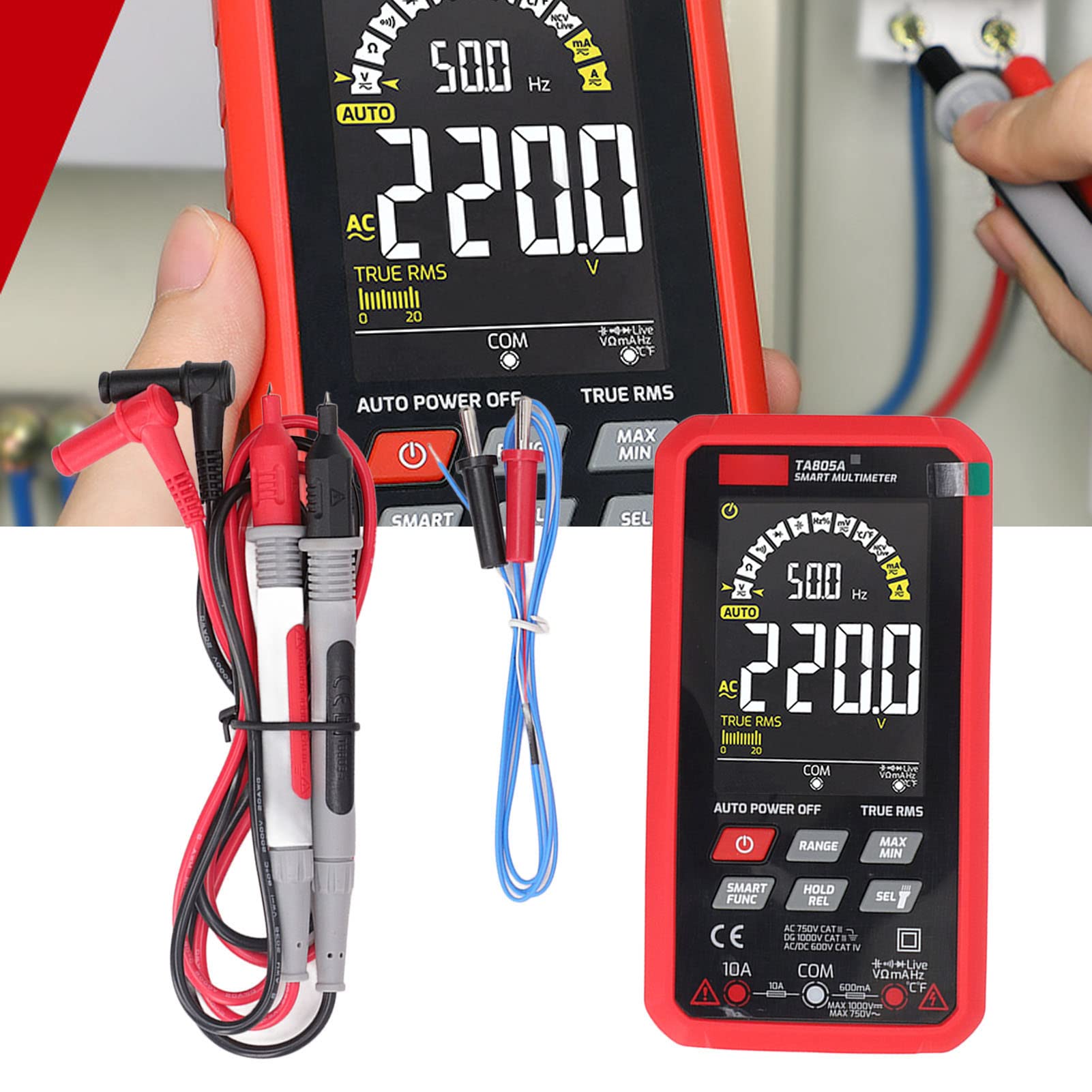 Inteligentny multimetr cyfrowy automatycznie mierzy rezystancję napięcia i prądu do testów elektrycznych w kolorze czerwonym