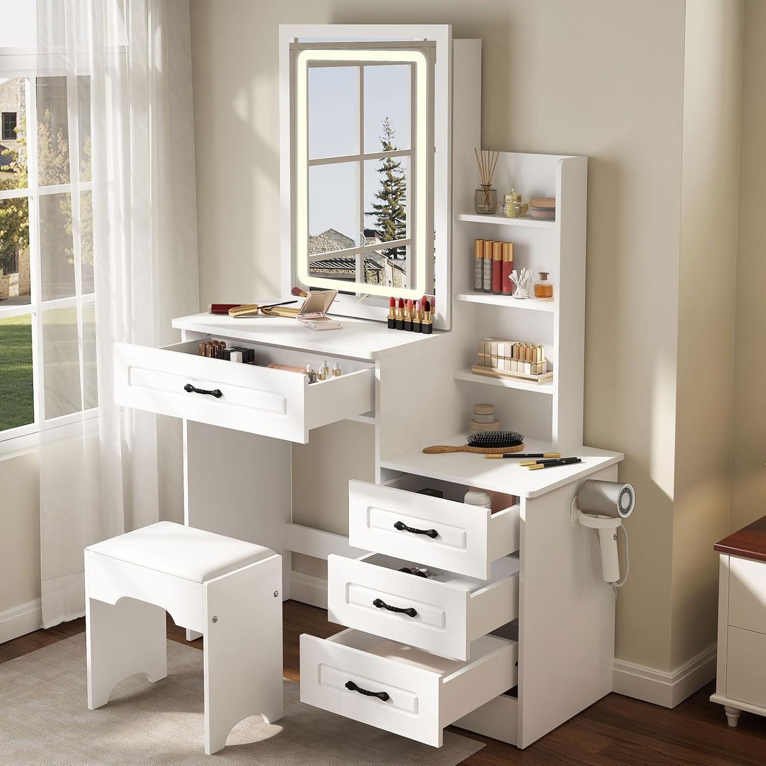 LUXOAK Vanity Makeup Mirror Desk with Stool & Hair Dryer