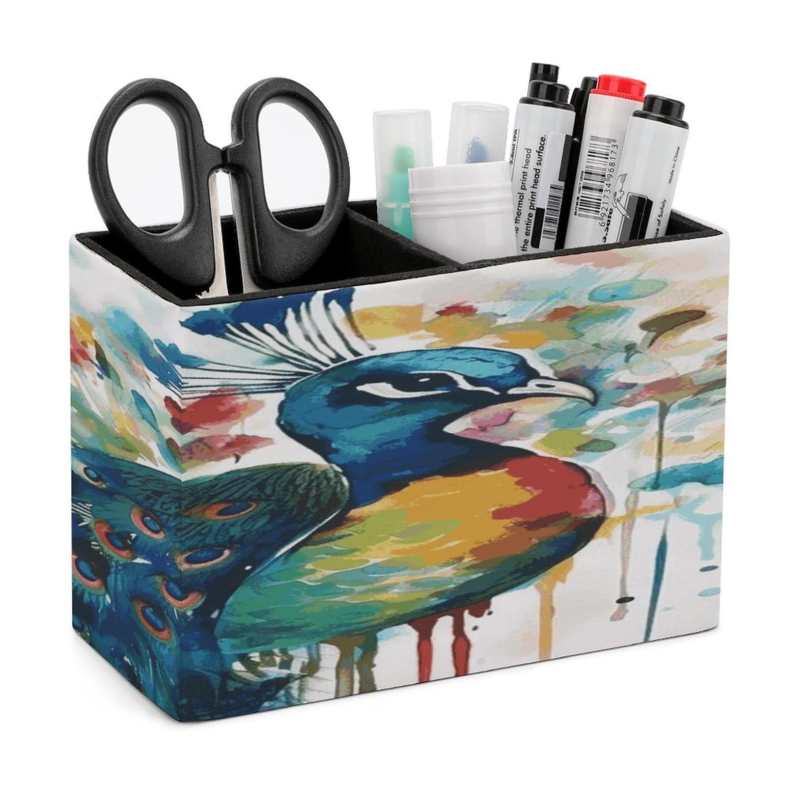 JTREHY Watercolor Peacock Pencil Holder Exquisite Fashion Leather Pen Receptacle Soft High-End Pen Container for Office Home Accessories Or Housewarming Present