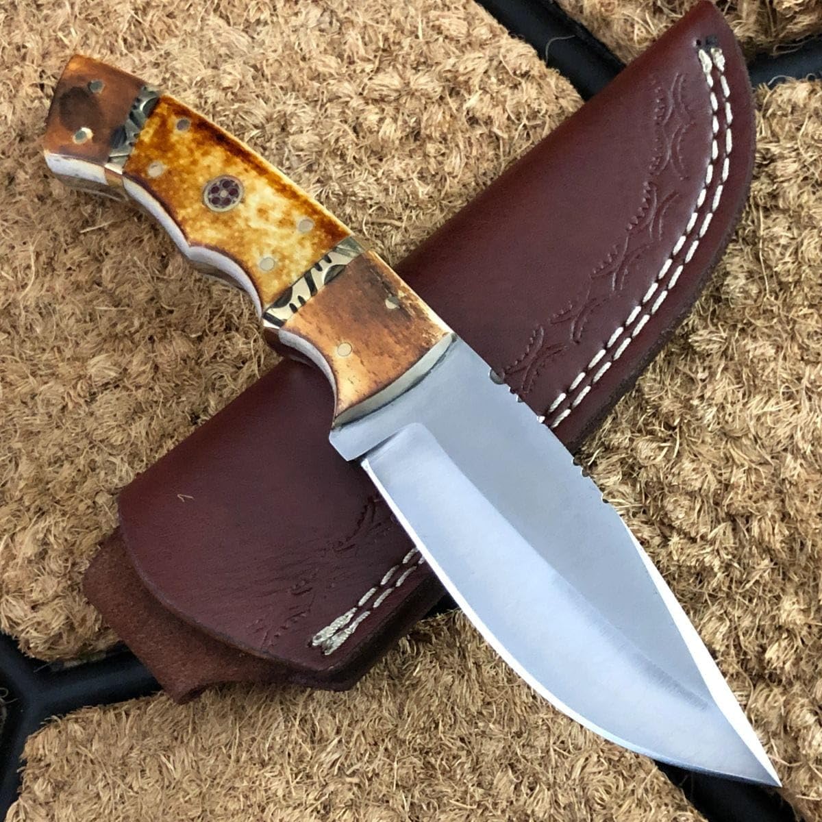 Custom Handmade Hunting Skinner Knife, 440C Steel Fixed Blade Knife, Bushcraft Knife with Leather Sheath BF5565, Brown