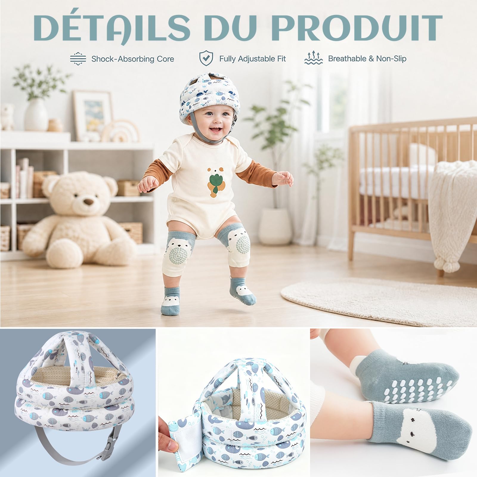 Solivive Casque Bébé Antichoc Protection, Anti Choc pour Bébé avec Longueur Réglable, Chaussettes Antidérapantes et Genouillères
