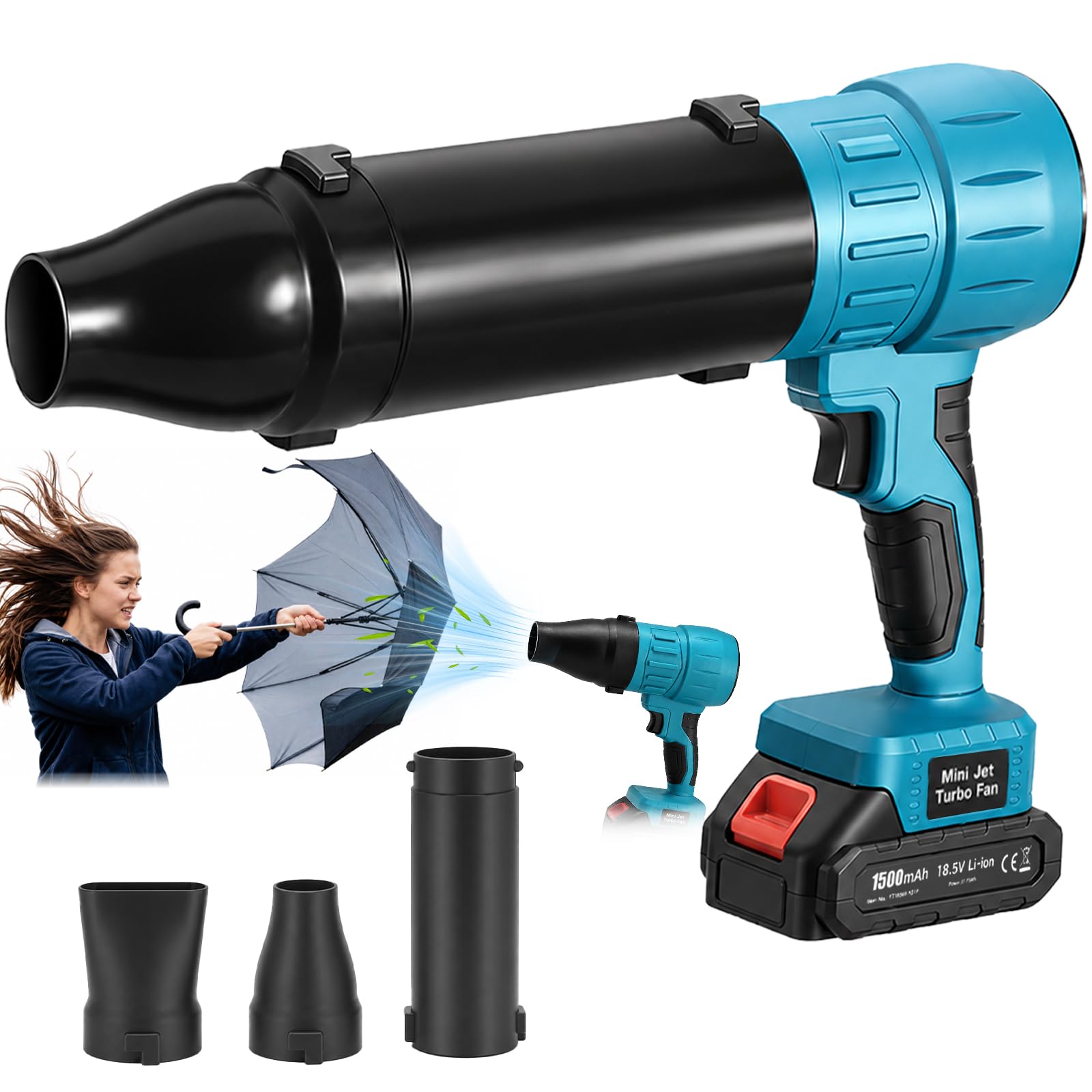 Akumulatorowa dmuchawa do liści, turbo, kompatybilna z Makita 18 V – 80000 obr./min, 60 m/s i 850 g – w zestawie 2 x akumulatory 2000 mAh, 3 dysze, niebieska (z akumulatorem)