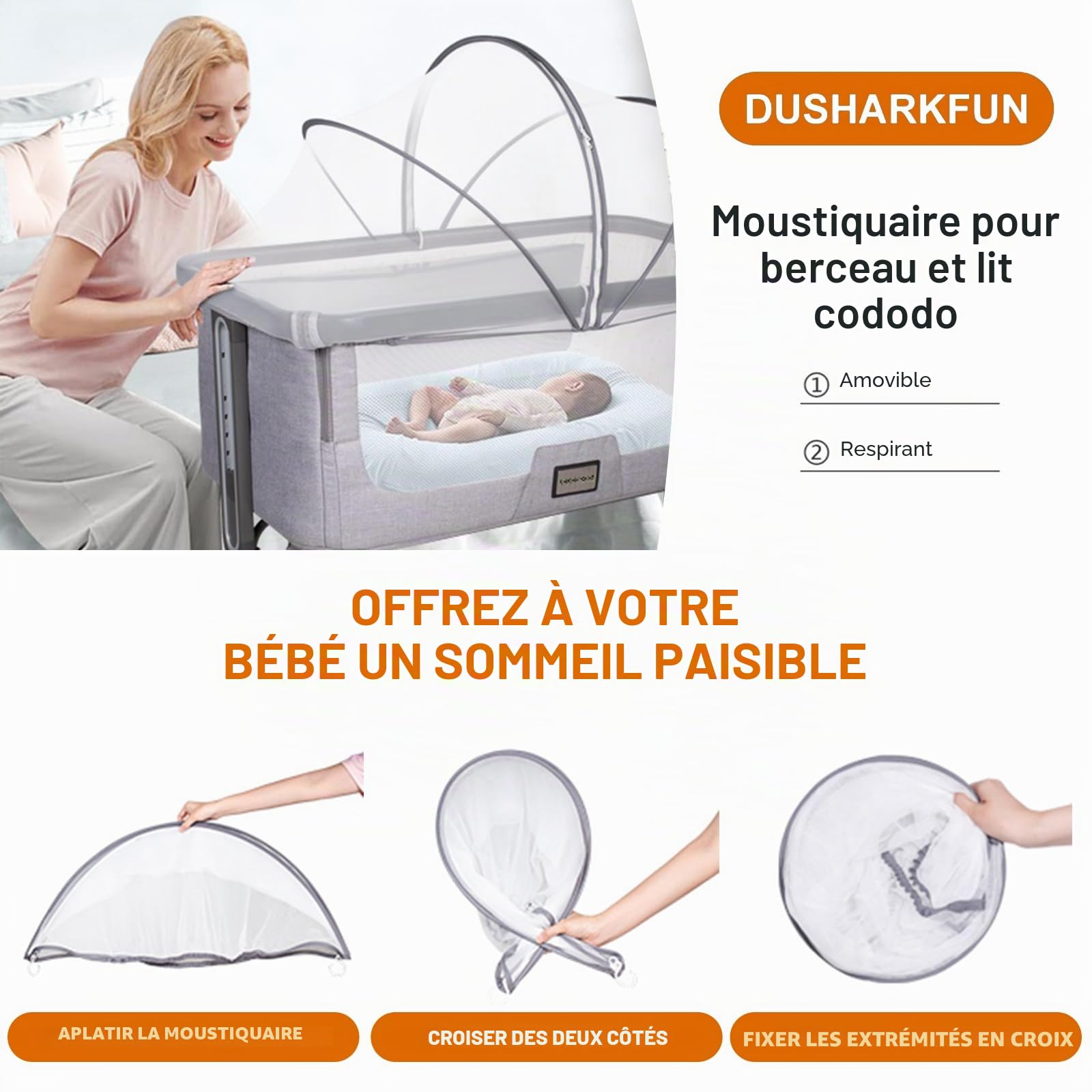 Moustiquaire Universelle pour Lit De Voyage, Bébé Près De Berceau, Fermeture Éclair Silencieuse, Accès Facile, Maille Fine pour Enfants, 100×55×55CM (Blanc)